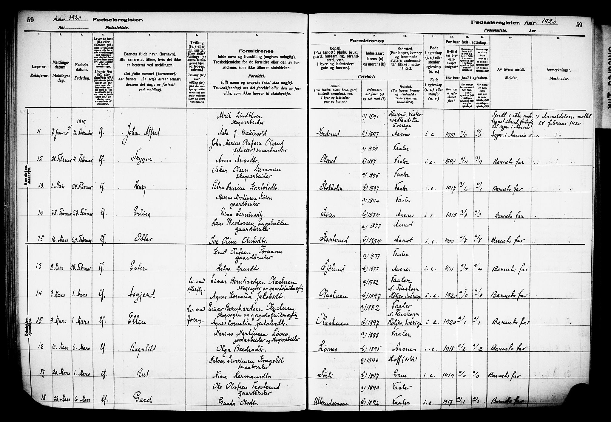 Våler prestekontor, Hedmark, AV/SAH-PREST-040/I/Id/L0001: Fødselsregister nr. 1, 1916-1930, s. 59