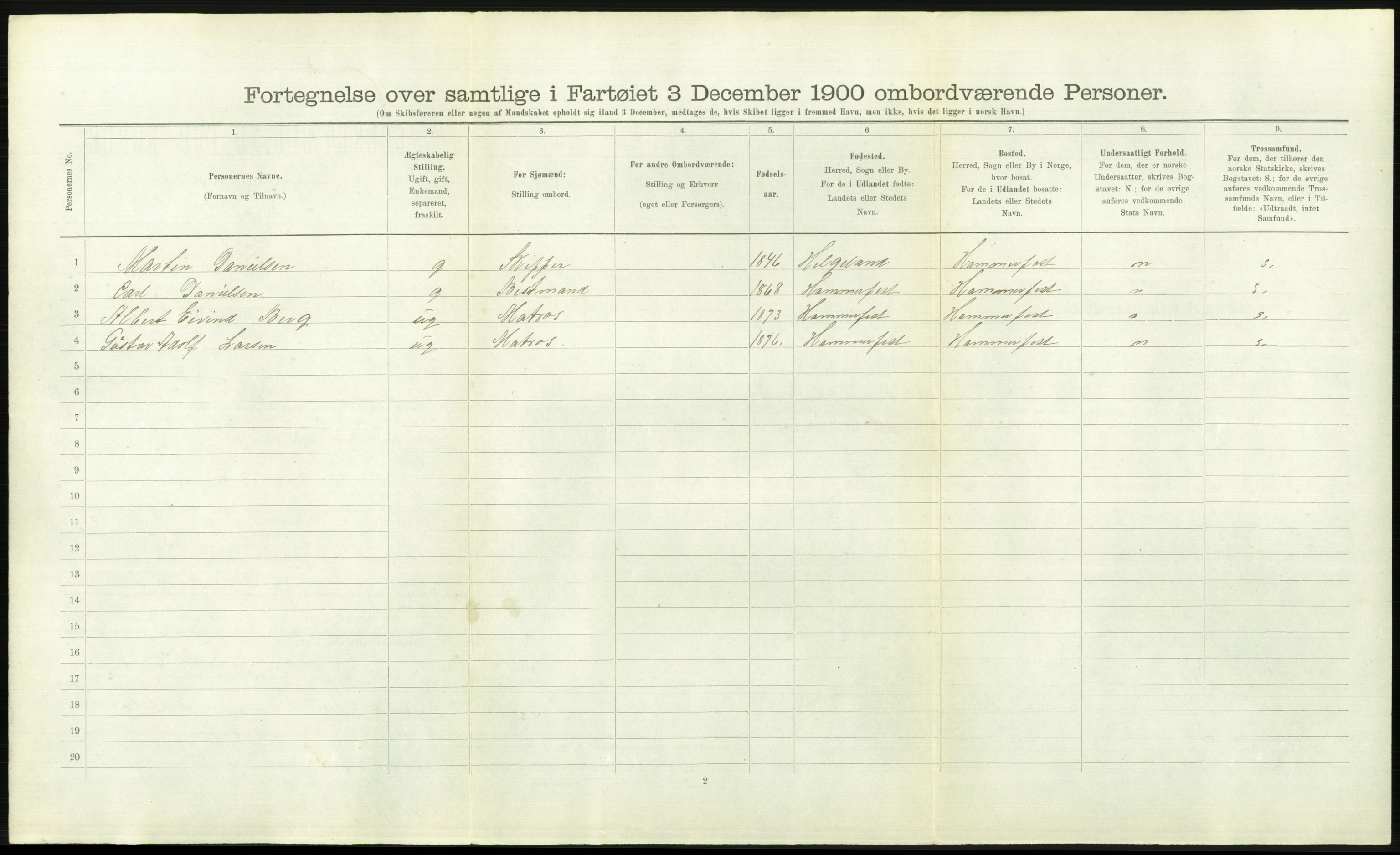 RA, Folketelling 1900 - skipslister med personlister for skip i norske havner, utenlandske havner og til havs, 1900, s. 2822