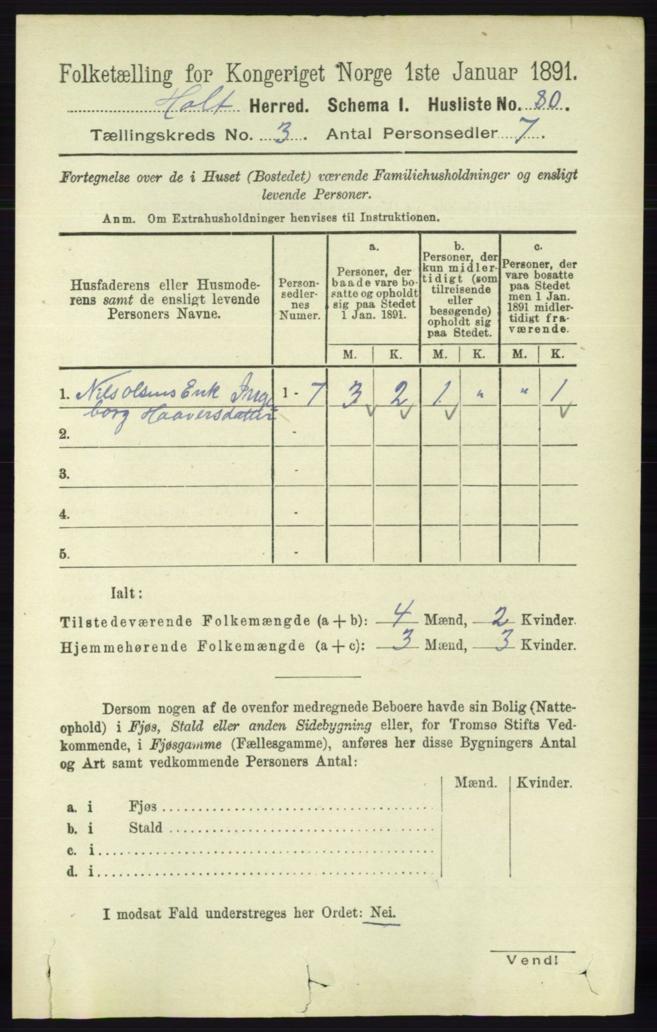 RA, Folketelling 1891 for 0914 Holt herred, 1891, s. 1032