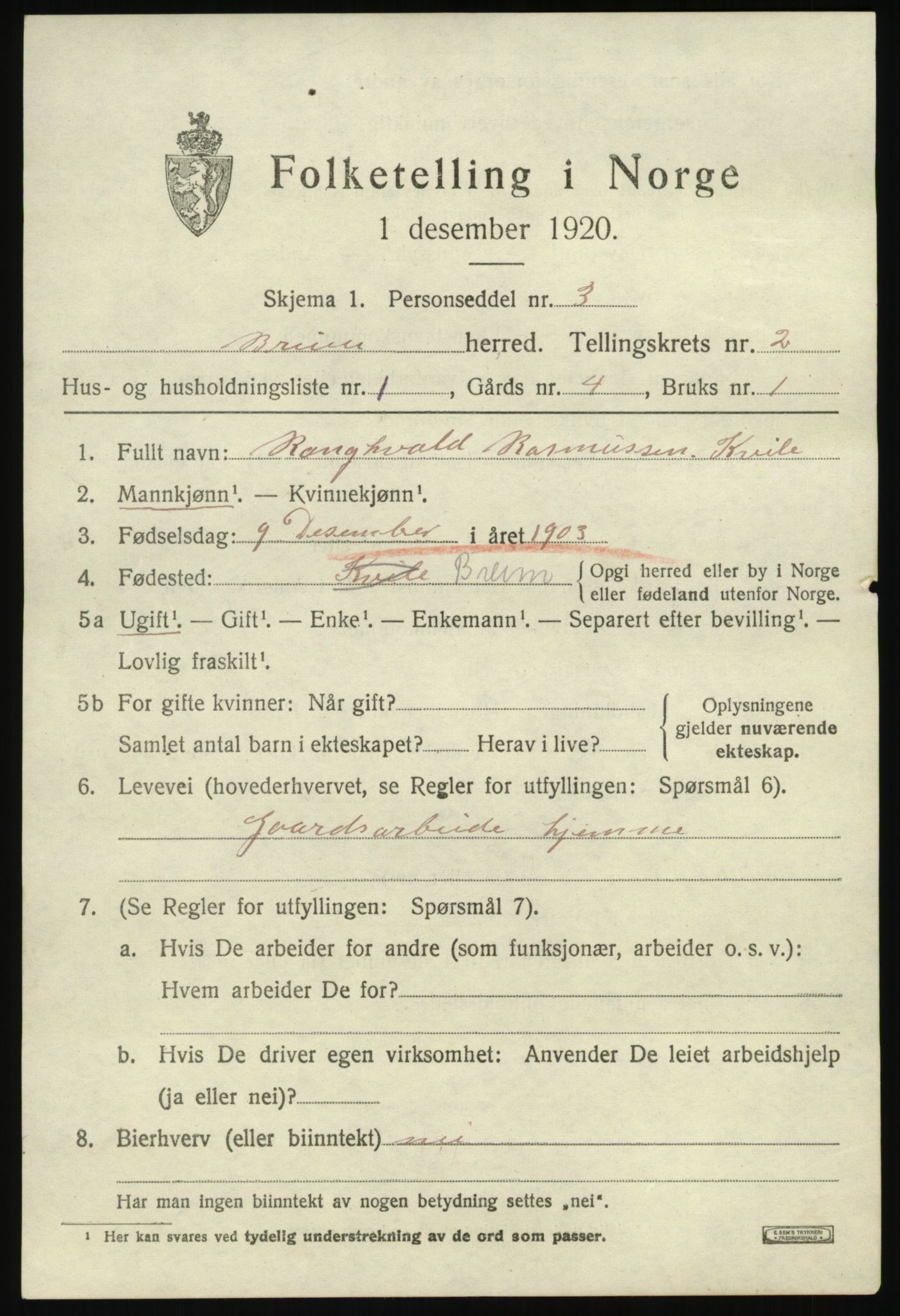 SAB, Folketelling 1920 for 1446 Breim herred, 1920, s. 809