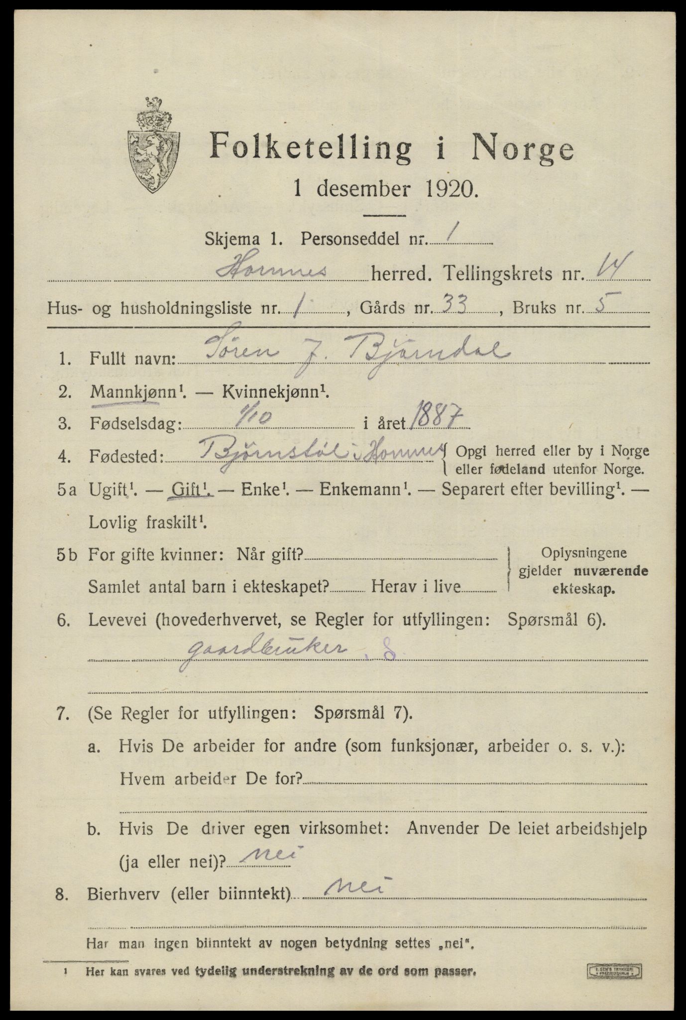 SAK, Folketelling 1920 for 0936 Hornnes herred, 1920, s. 3251