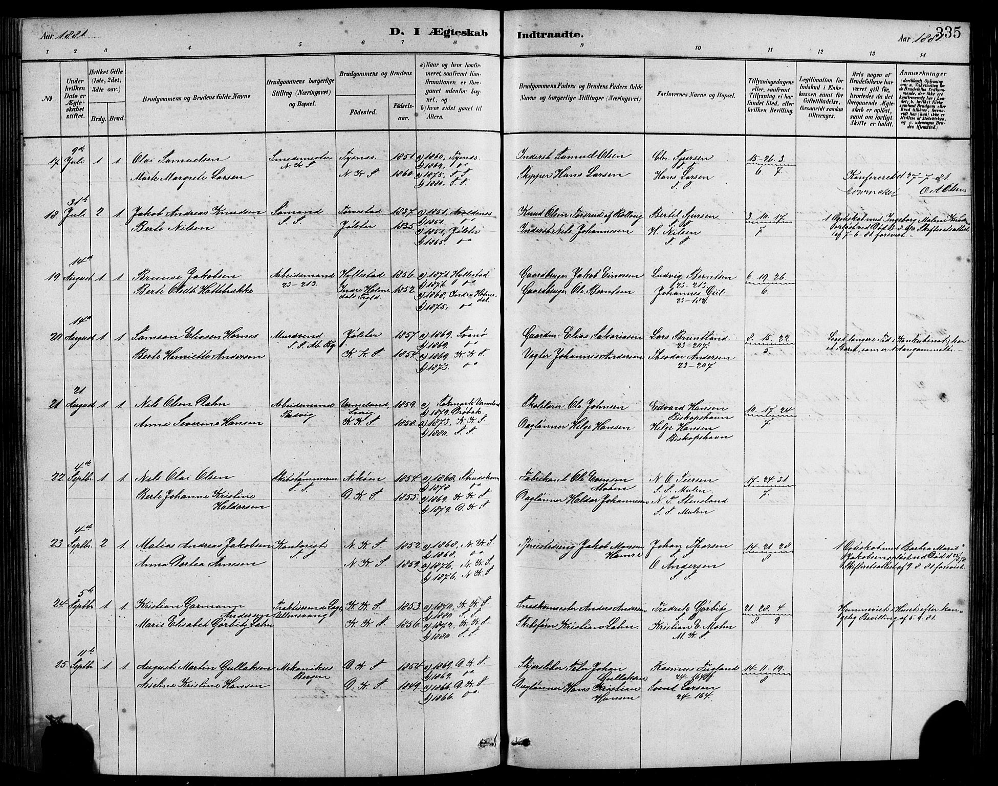 Sandviken Sokneprestembete, AV/SAB-A-77601/H/Hb/L0001: Klokkerbok nr. A 2, 1879-1892, s. 335