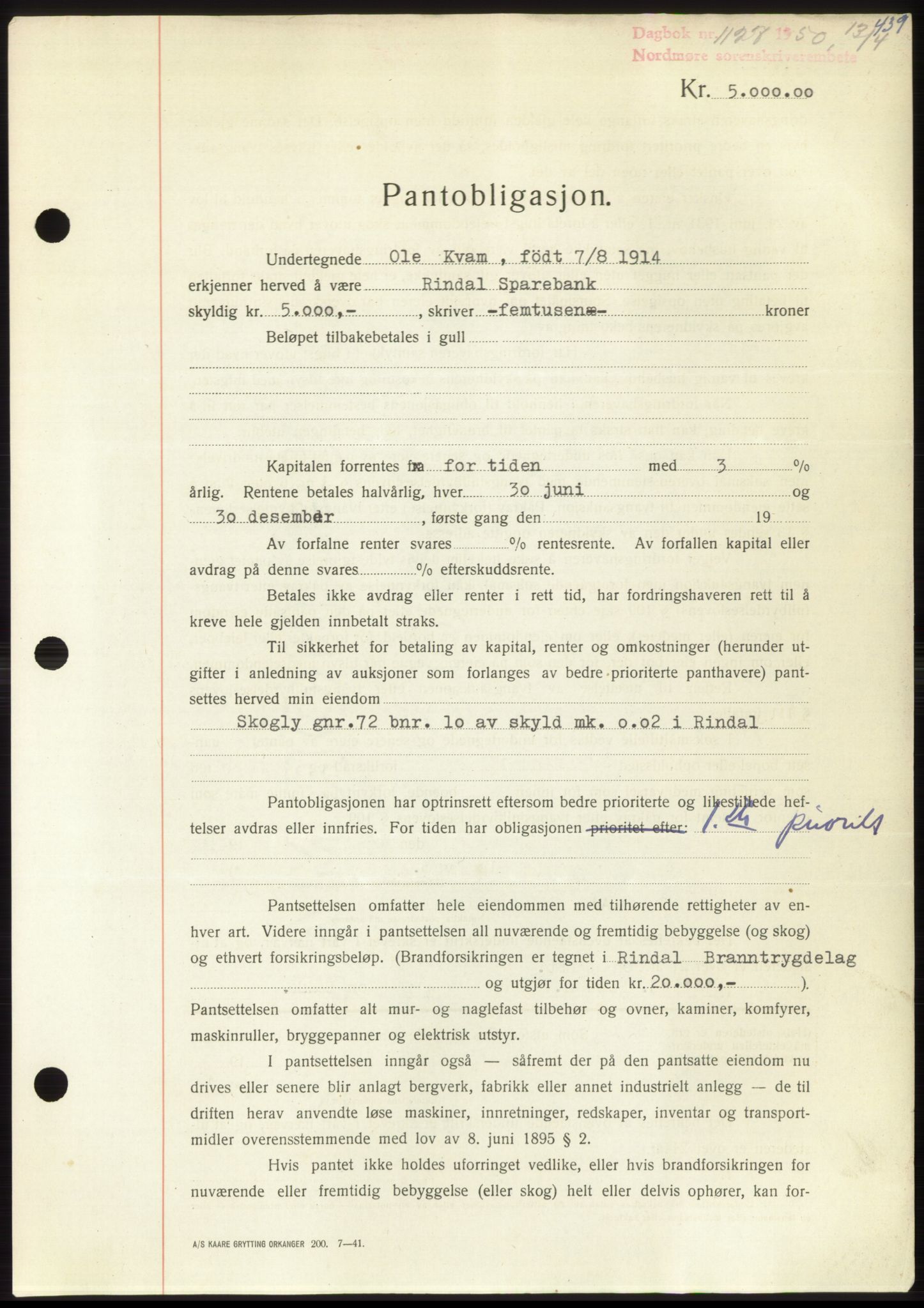 Nordmøre sorenskriveri, SAT/A-4132/1/2/2Ca: Pantebok nr. B104, 1950-1950, Dagboknr: 1127/1950