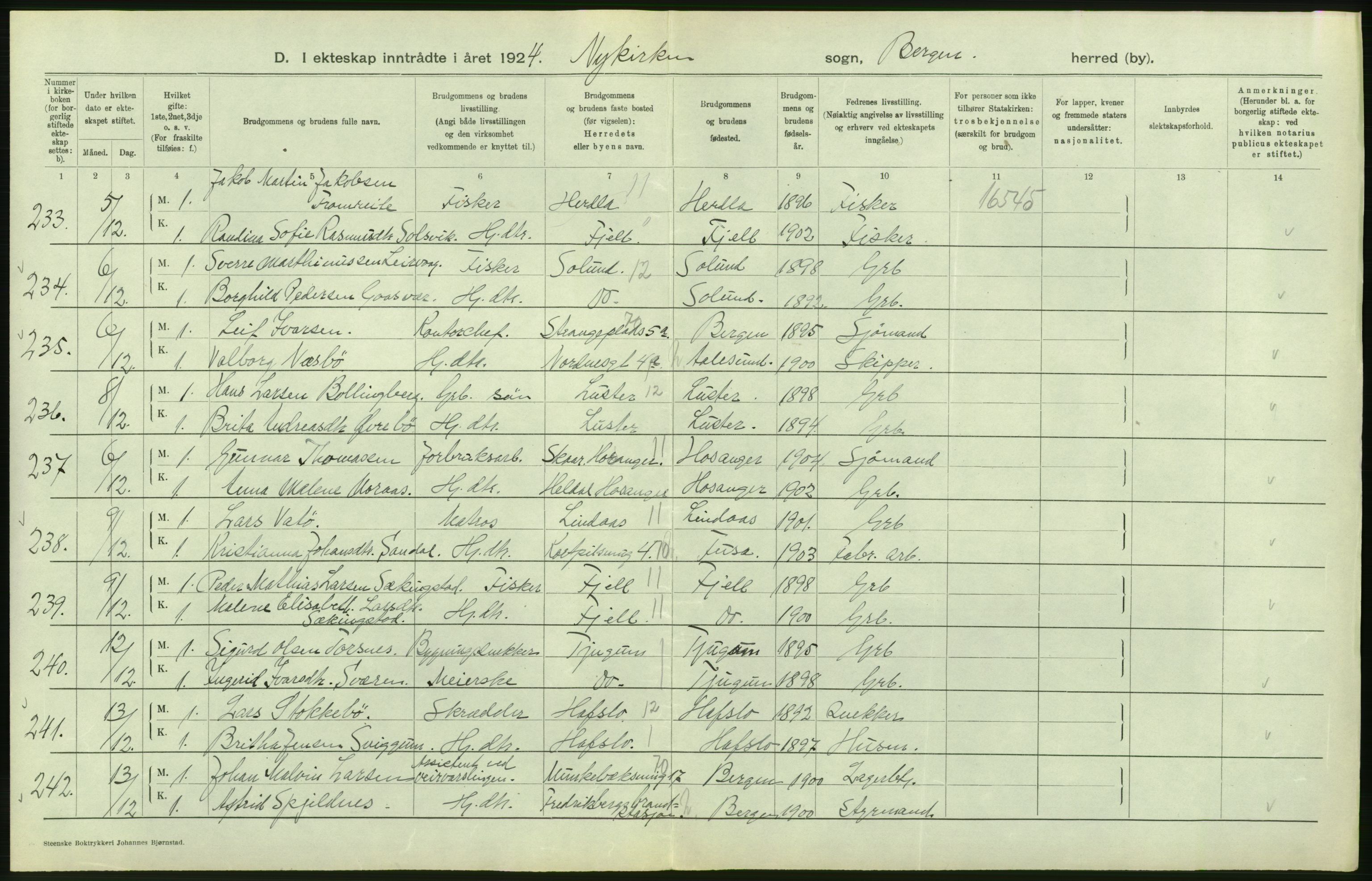 Statistisk sentralbyrå, Sosiodemografiske emner, Befolkning, RA/S-2228/D/Df/Dfc/Dfcd/L0028: Bergen: Gifte, døde., 1924, s. 170