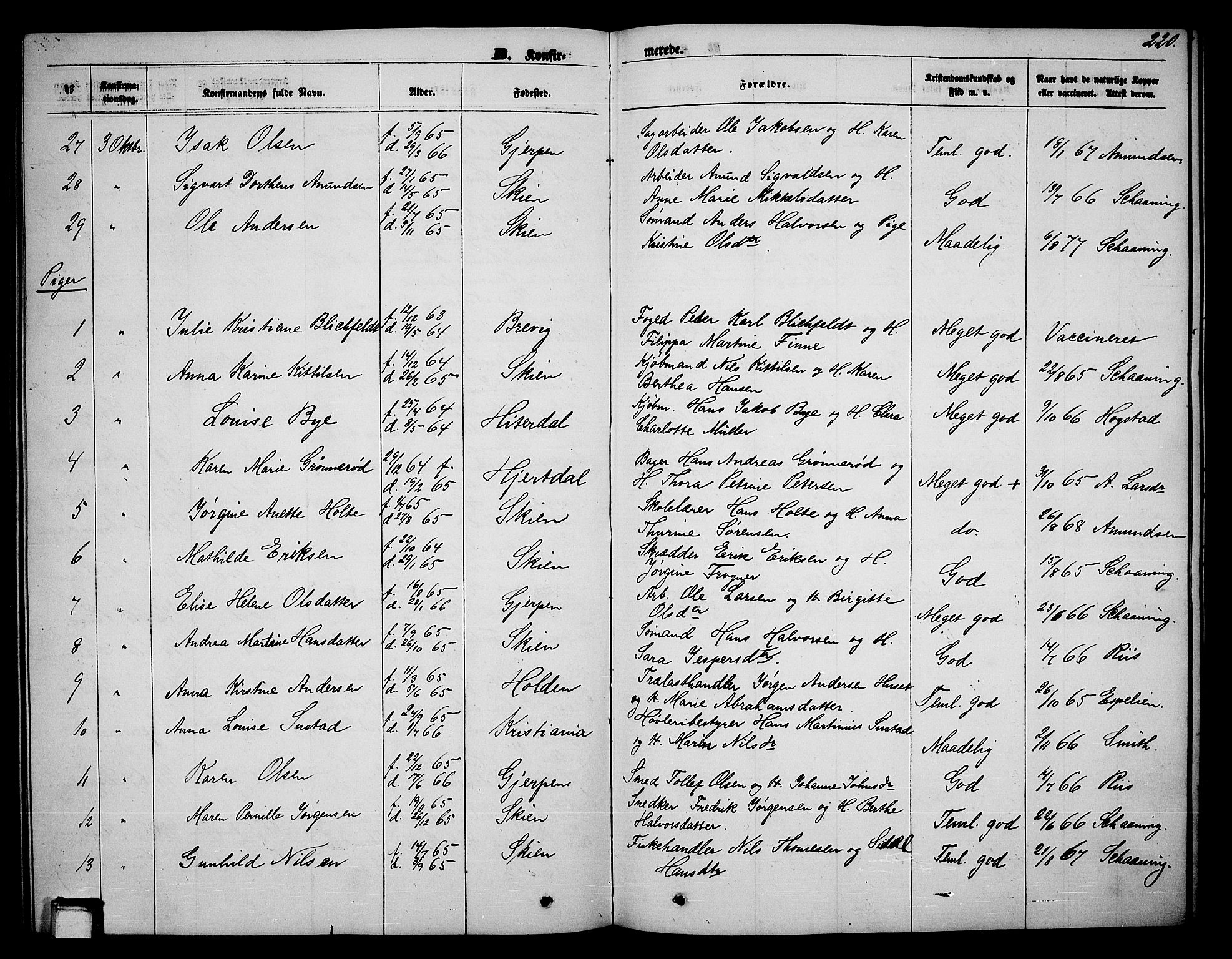 Skien kirkebøker, AV/SAKO-A-302/G/Ga/L0005: Klokkerbok nr. 5, 1868-1880, s. 220