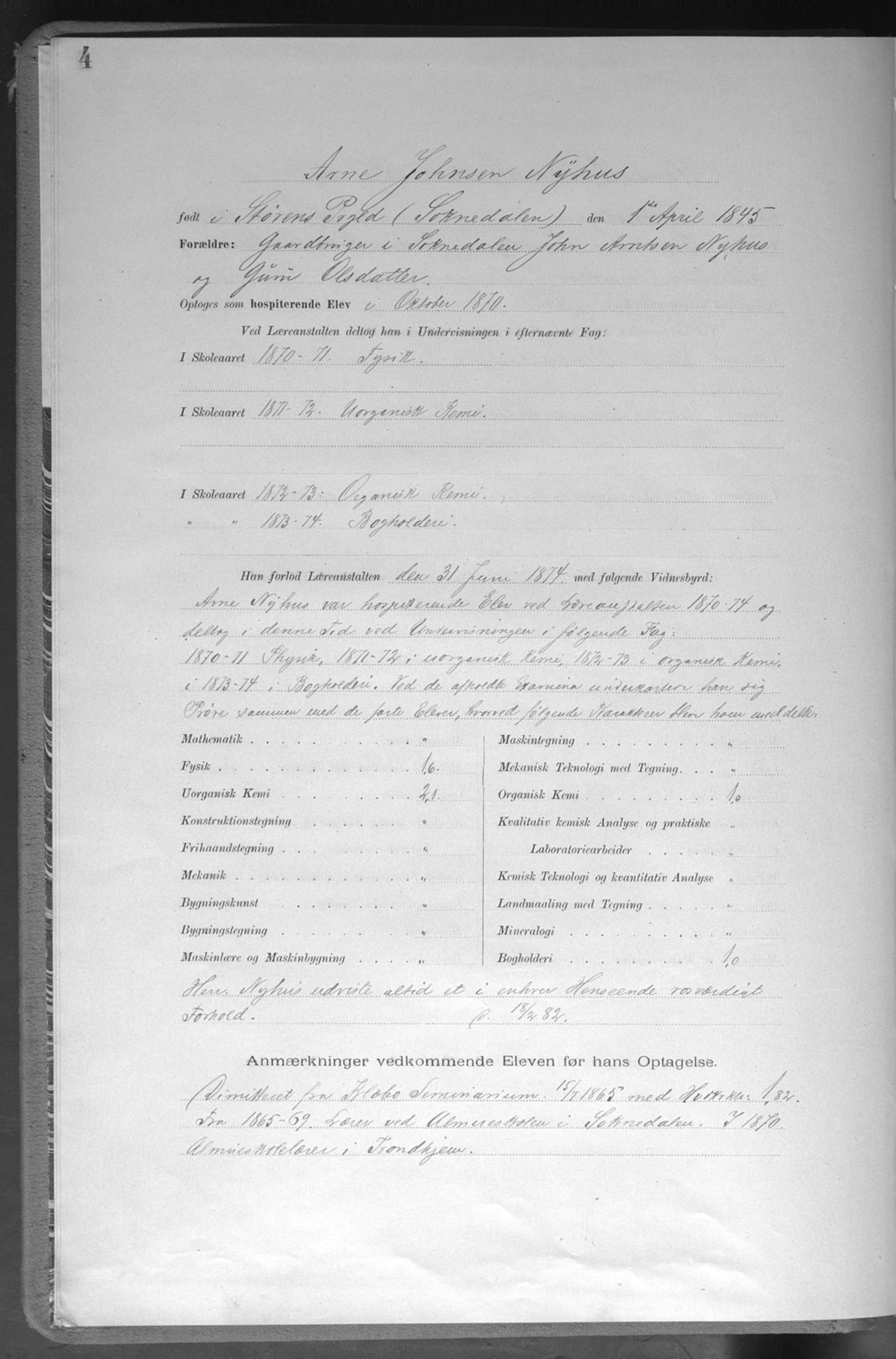 Trondhjems tekniske læreanstalt, AV/SAT-A-1622/G/Ga/L0050: Karakterprotokoll, hospiterende elever, 1870-1914