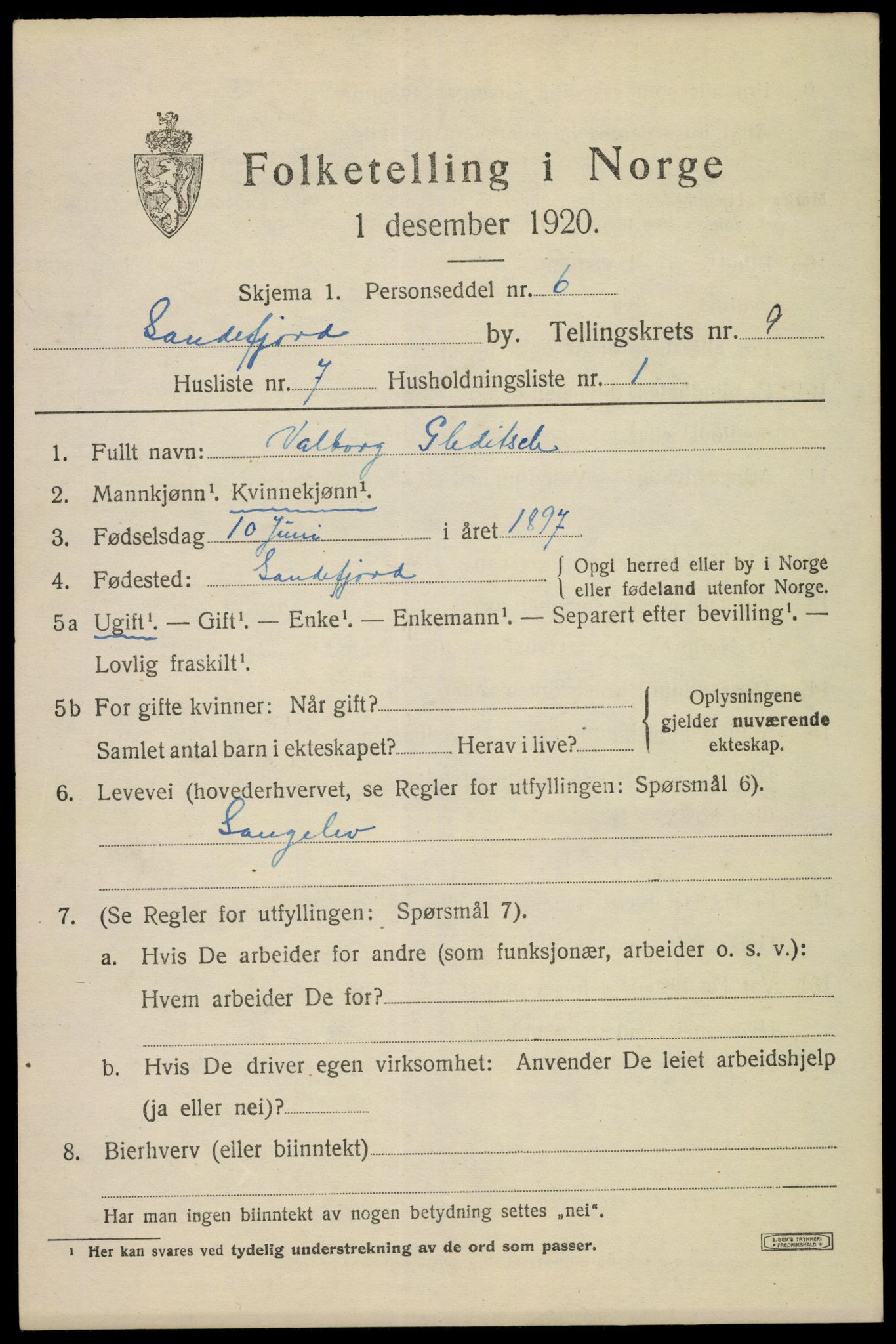 SAKO, Folketelling 1920 for 0706 Sandefjord kjøpstad, 1920, s. 12744