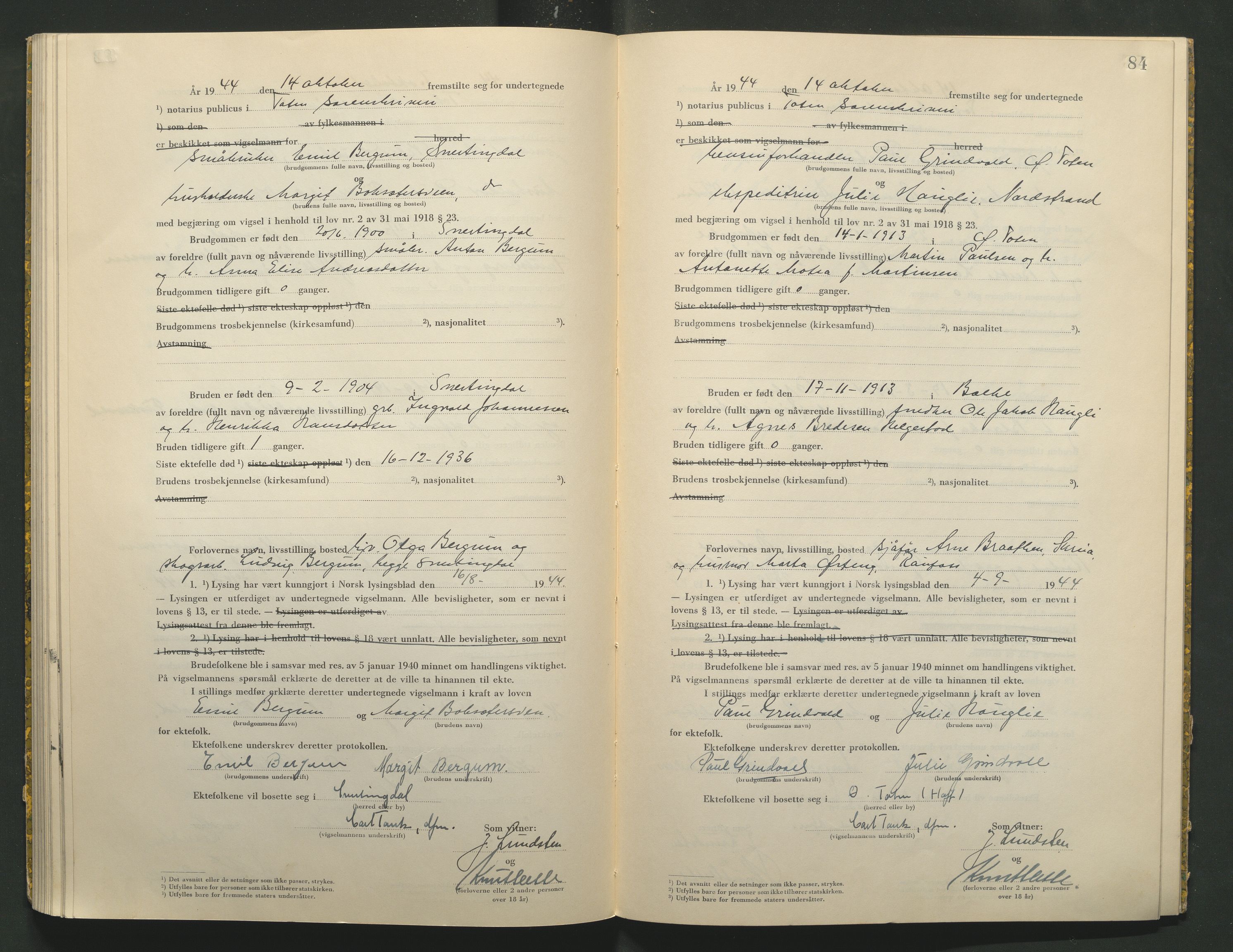 Toten tingrett, AV/SAH-TING-006/L/Lc/L0004: Vigselbok, 1944, s. 84