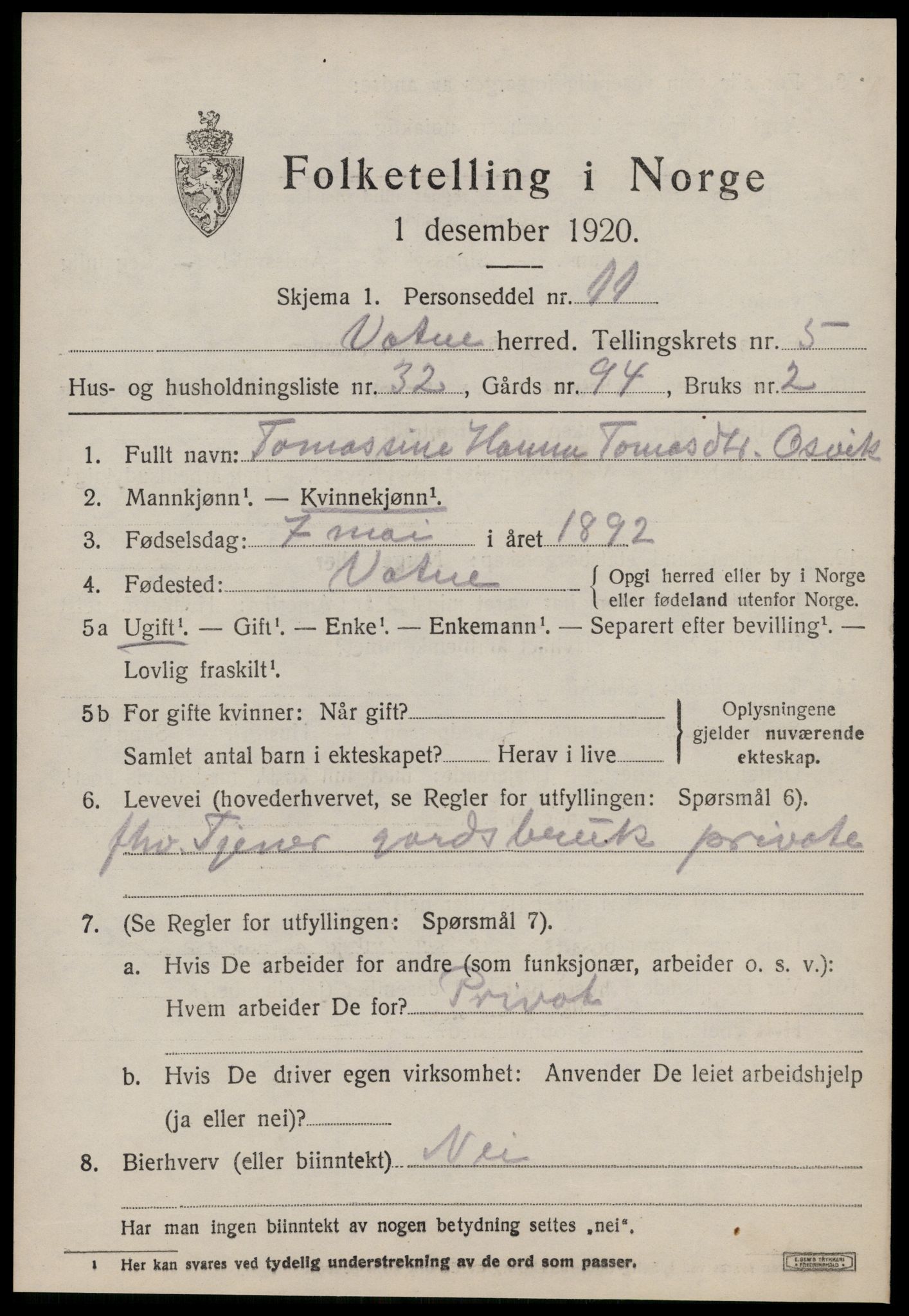 SAT, Folketelling 1920 for 1530 Vatne herred, 1920, s. 2650