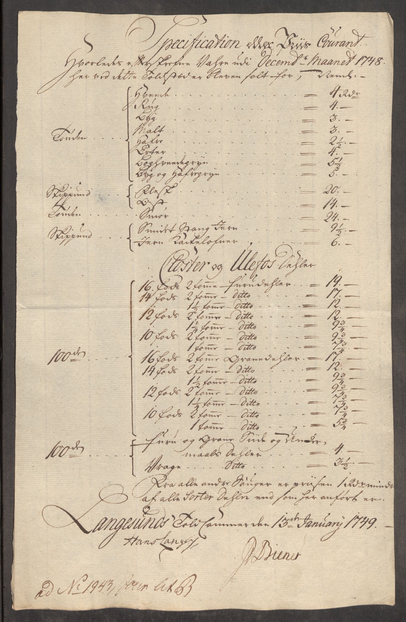 Rentekammeret inntil 1814, Realistisk ordnet avdeling, AV/RA-EA-4070/Oe/L0003: [Ø1]: Priskuranter, 1745-1748, s. 799