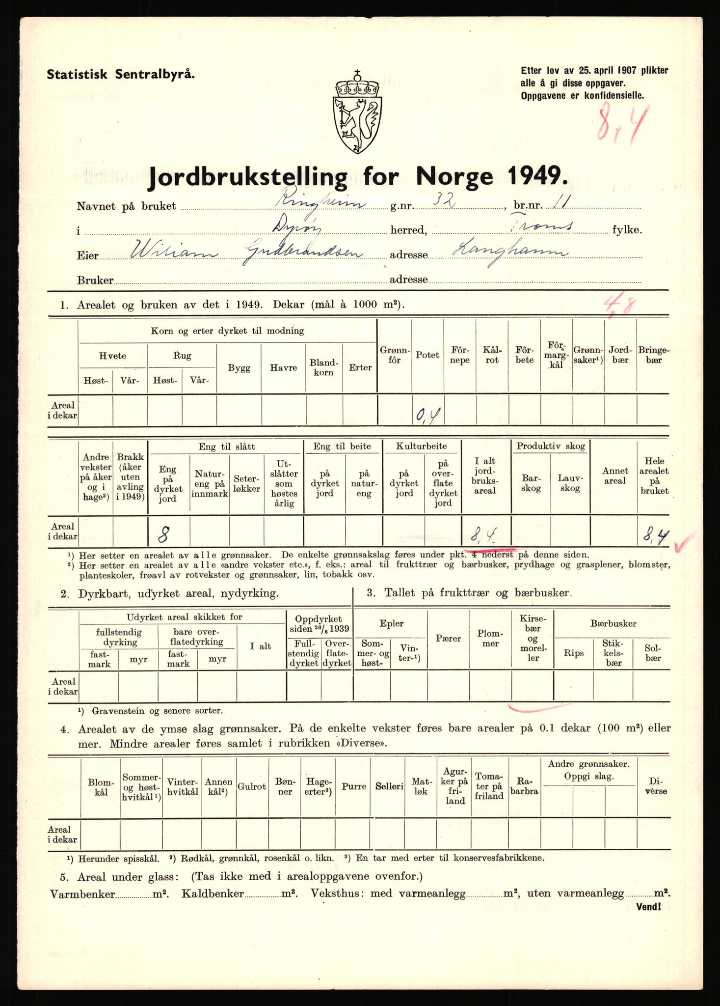 Statistisk sentralbyrå, Næringsøkonomiske emner, Jordbruk, skogbruk, jakt, fiske og fangst, AV/RA-S-2234/G/Gc/L0440: Troms: Sørreisa og Dyrøy, 1949, s. 968