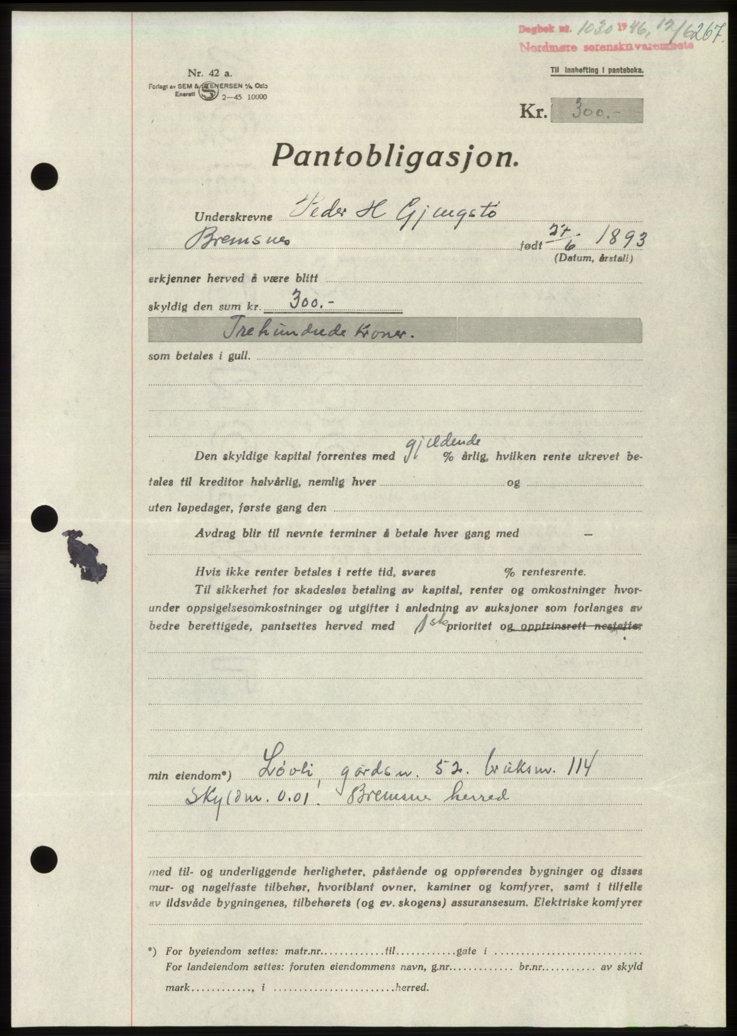 Nordmøre sorenskriveri, SAT/A-4132/1/2/2Ca: Pantebok nr. B94, 1946-1946, Dagboknr: 1030/1946