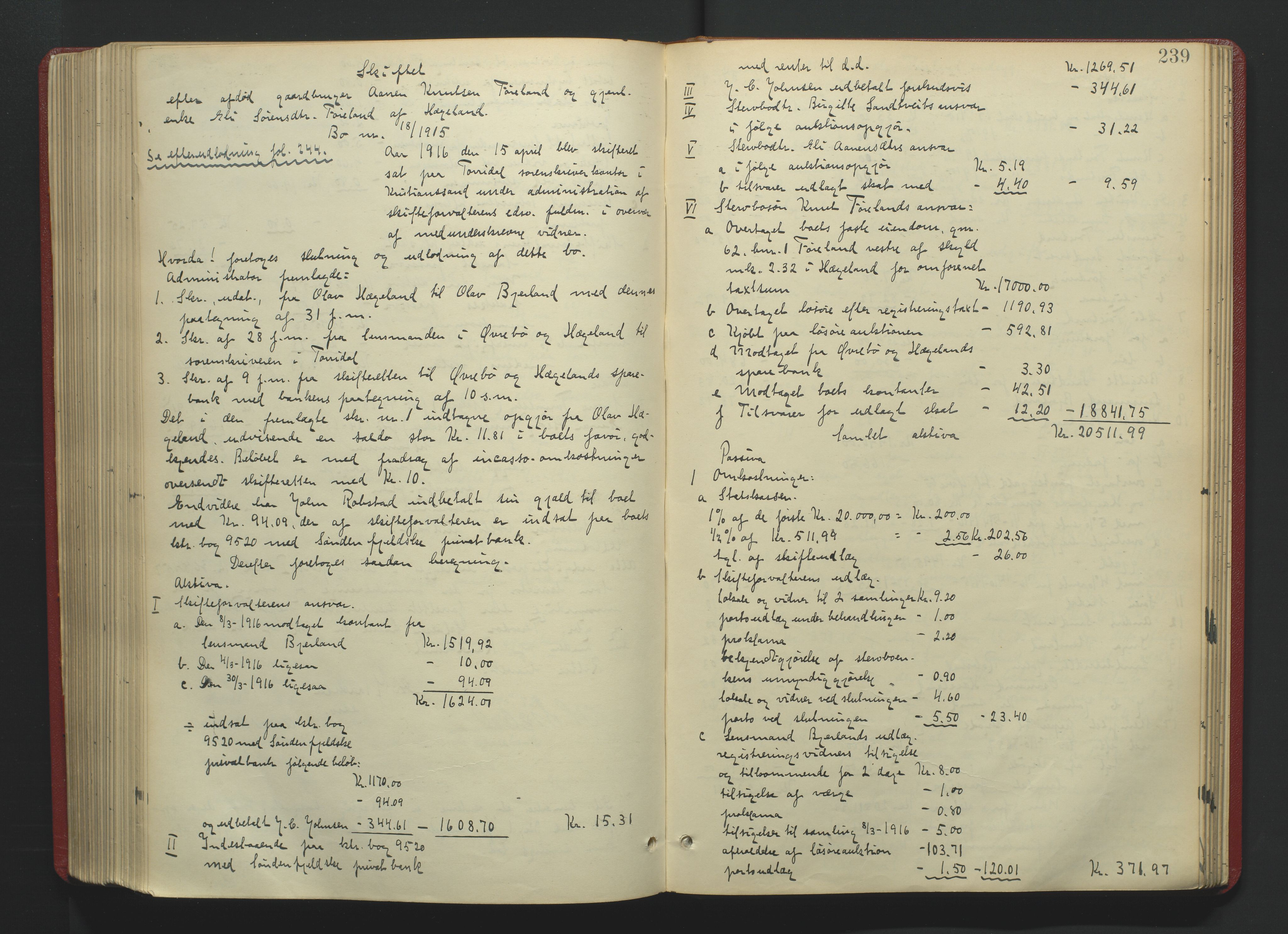 Torridal sorenskriveri, AV/SAK-1221-0012/H/Hc/L0036: Skifteutlodningsprotokoll med navneregister nr. 5, 1906-1918, s. 239