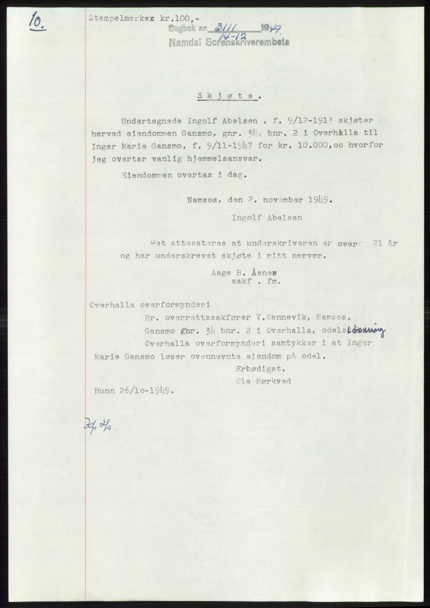Namdal sorenskriveri, SAT/A-4133/1/2/2C: Pantebok nr. -, 1949-1949, Dagboknr: 3111/1949
