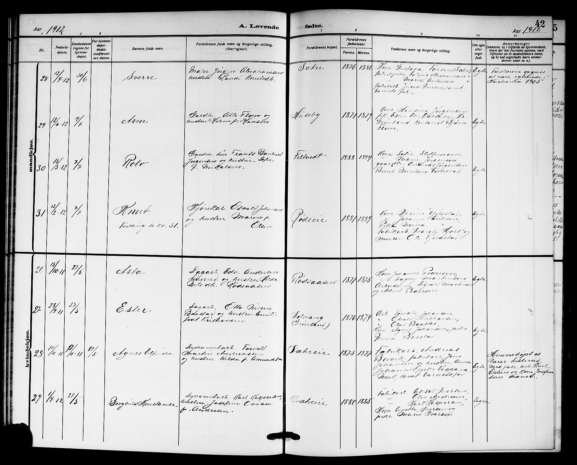 Hurum kirkebøker, AV/SAKO-A-229/G/Ga/L0005: Klokkerbok nr. I 5, 1908-1922, s. 42