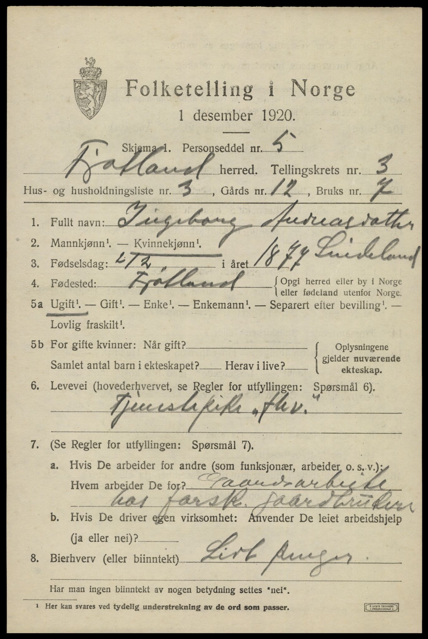 SAK, Folketelling 1920 for 1036 Fjotland herred, 1920, s. 962