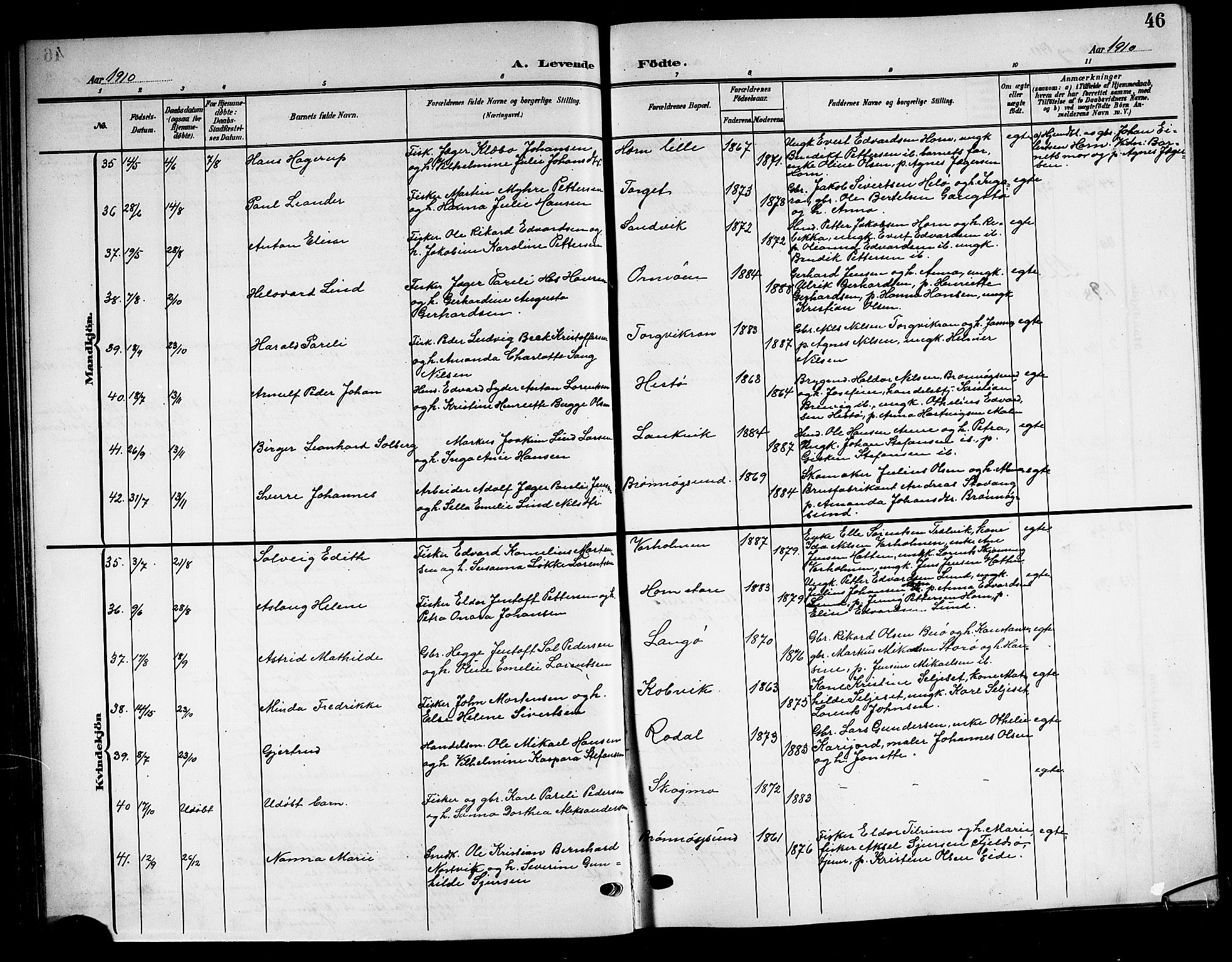 Ministerialprotokoller, klokkerbøker og fødselsregistre - Nordland, AV/SAT-A-1459/813/L0214: Klokkerbok nr. 813C06, 1904-1917, s. 46