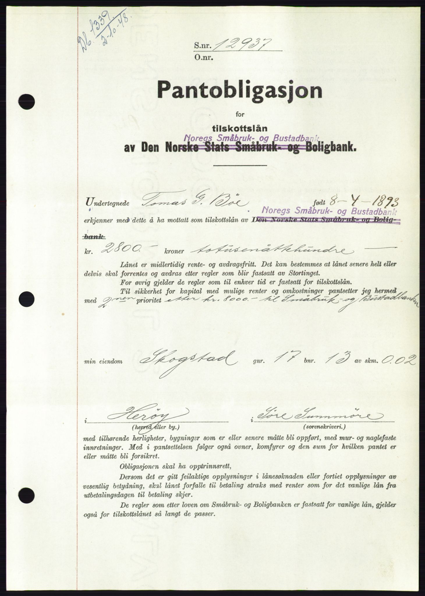 Søre Sunnmøre sorenskriveri, AV/SAT-A-4122/1/2/2C/L0116: Pantebok nr. 4B, 1948-1949, Dagboknr: 1339/1948