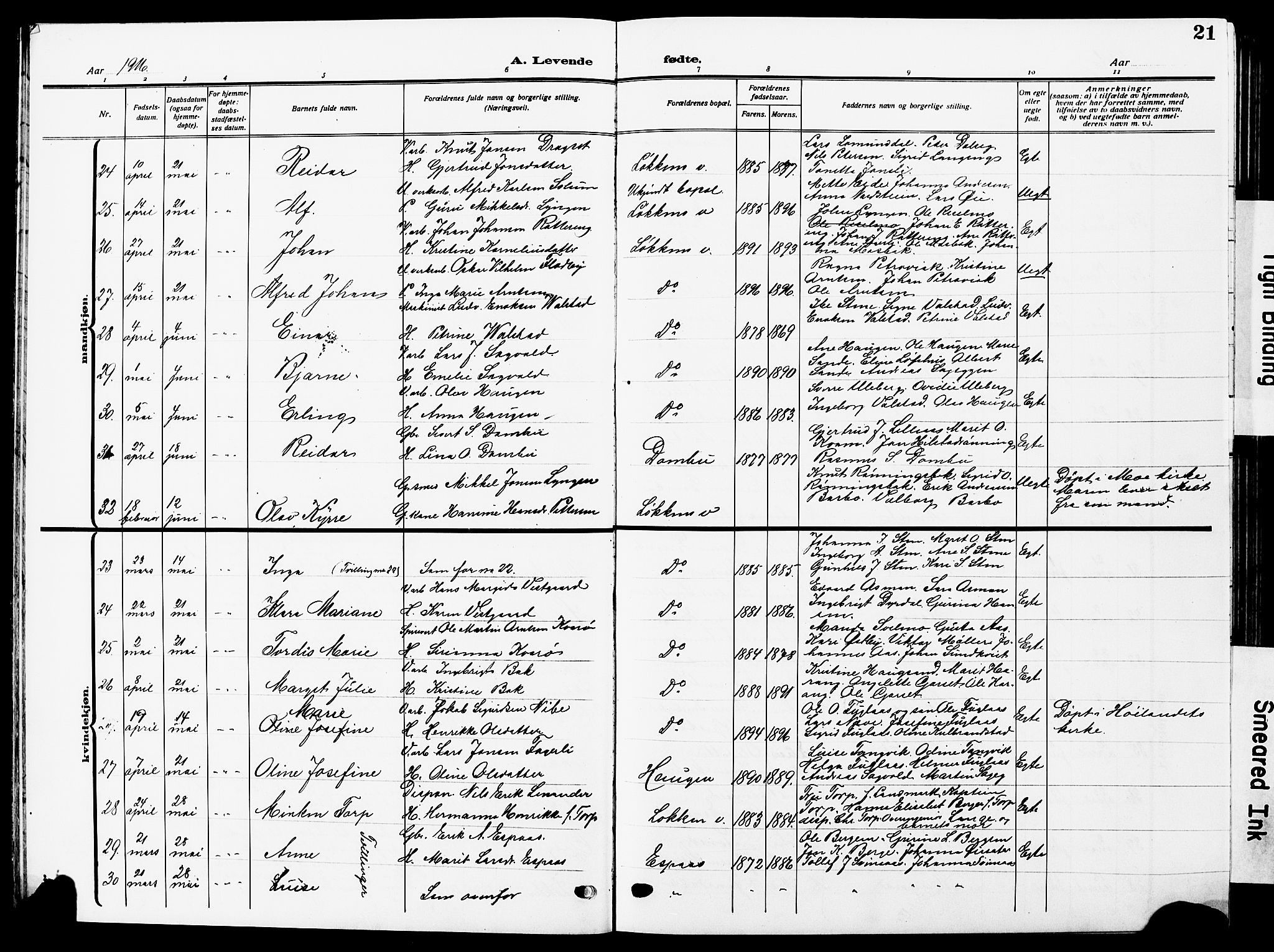 Ministerialprotokoller, klokkerbøker og fødselsregistre - Sør-Trøndelag, AV/SAT-A-1456/672/L0865: Klokkerbok nr. 672C04, 1914-1928, s. 21