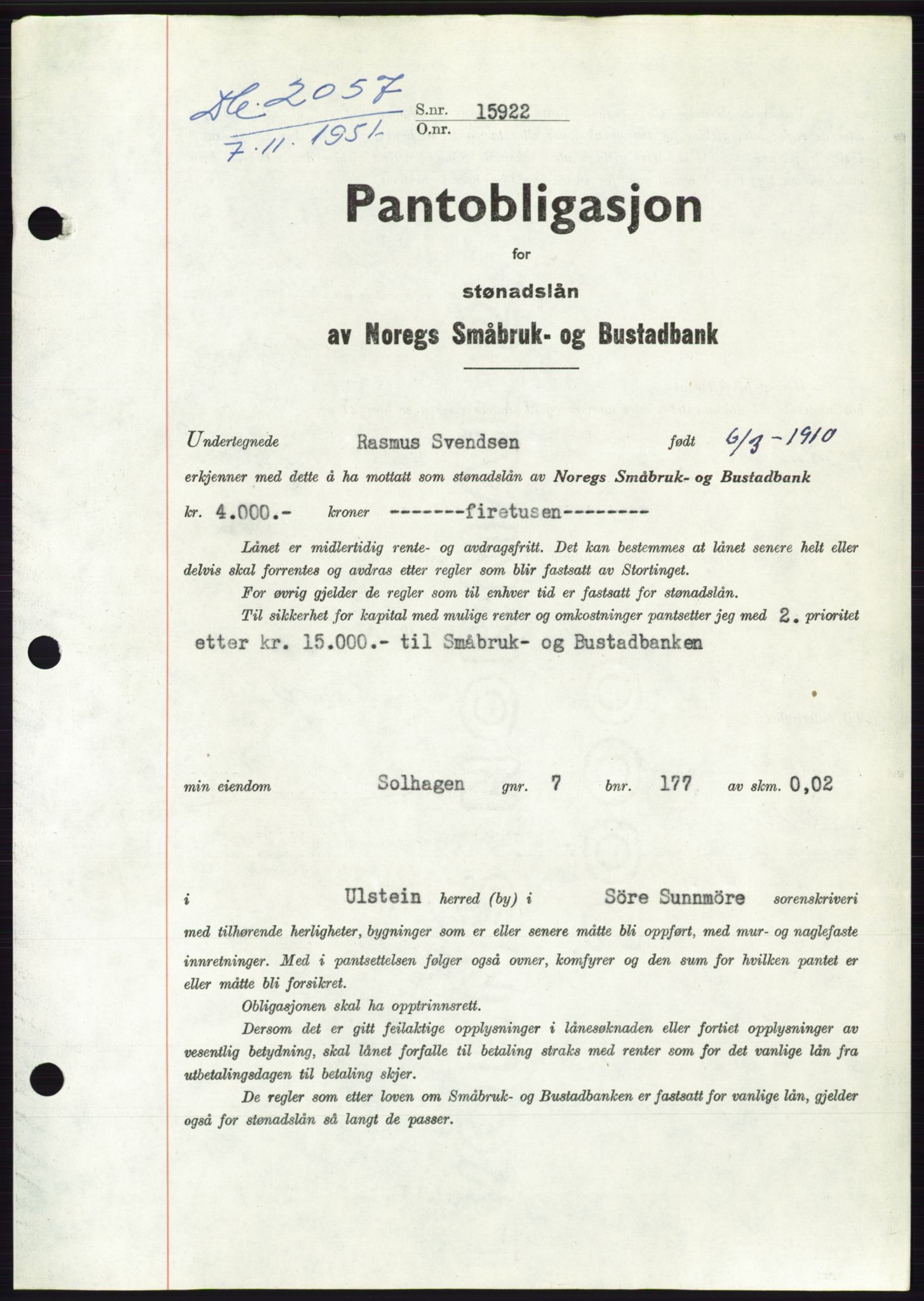 Søre Sunnmøre sorenskriveri, SAT/A-4122/1/2/2C/L0120: Pantebok nr. 8B, 1951-1951, Dagboknr: 2057/1951