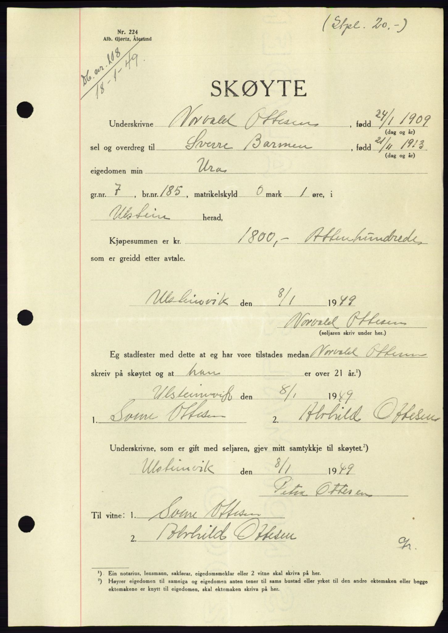 Søre Sunnmøre sorenskriveri, AV/SAT-A-4122/1/2/2C/L0083: Pantebok nr. 9A, 1948-1949, Dagboknr: 118/1949