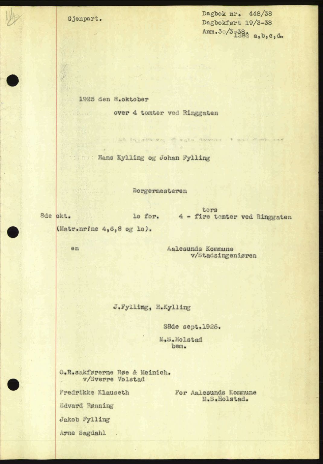 Ålesund byfogd, AV/SAT-A-4384: Pantebok nr. 34 I, 1936-1938, Dagboknr: 448/1938