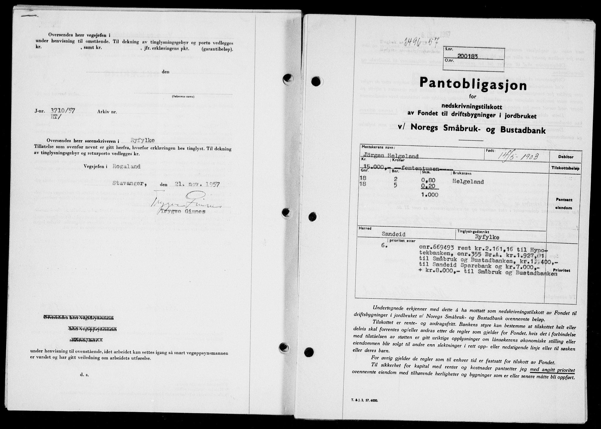 Ryfylke tingrett, SAST/A-100055/001/II/IIB/L0138: Pantebok nr. 117, 1957-1957, Dagboknr: 2496/1957