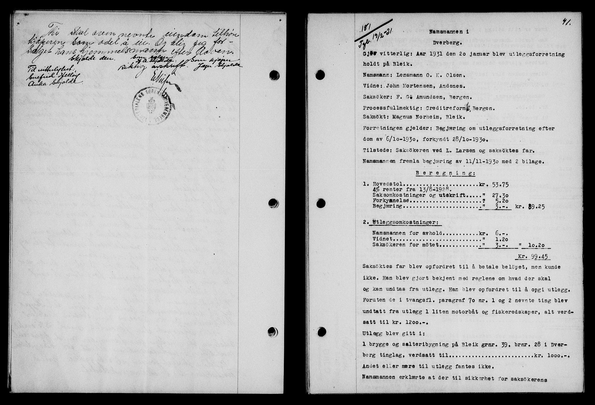 Vesterålen sorenskriveri, SAT/A-4180/1/2/2Ca/L0053: Pantebok nr. 46, 1931-1931, Tingl.dato: 19.02.1931
