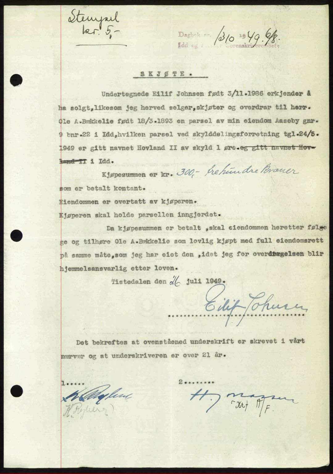 Idd og Marker sorenskriveri, AV/SAO-A-10283/G/Gb/Gbb/L0012: Pantebok nr. A12, 1949-1949, Dagboknr: 1310/1949