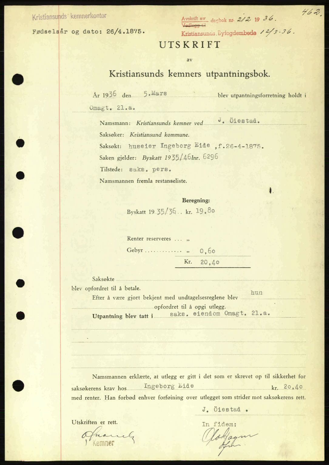 Kristiansund byfogd, SAT/A-4587/A/27: Pantebok nr. 28, 1934-1936, Tingl.dato: 12.03.1936