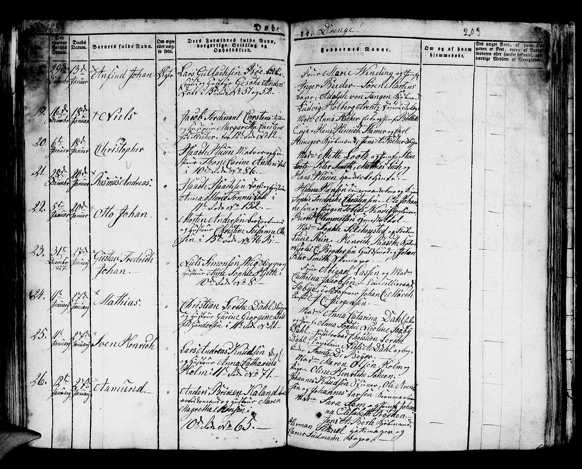 Domkirken sokneprestembete, AV/SAB-A-74801/H/Hab/L0005: Klokkerbok nr. A 5, 1821-1830, s. 203