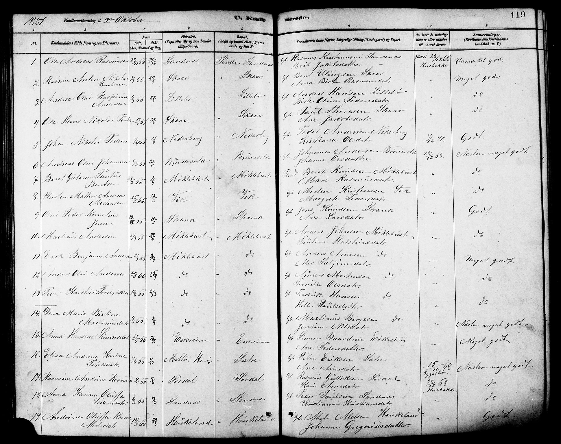 Ministerialprotokoller, klokkerbøker og fødselsregistre - Møre og Romsdal, SAT/A-1454/502/L0027: Klokkerbok nr. 502C01, 1878-1908, s. 119