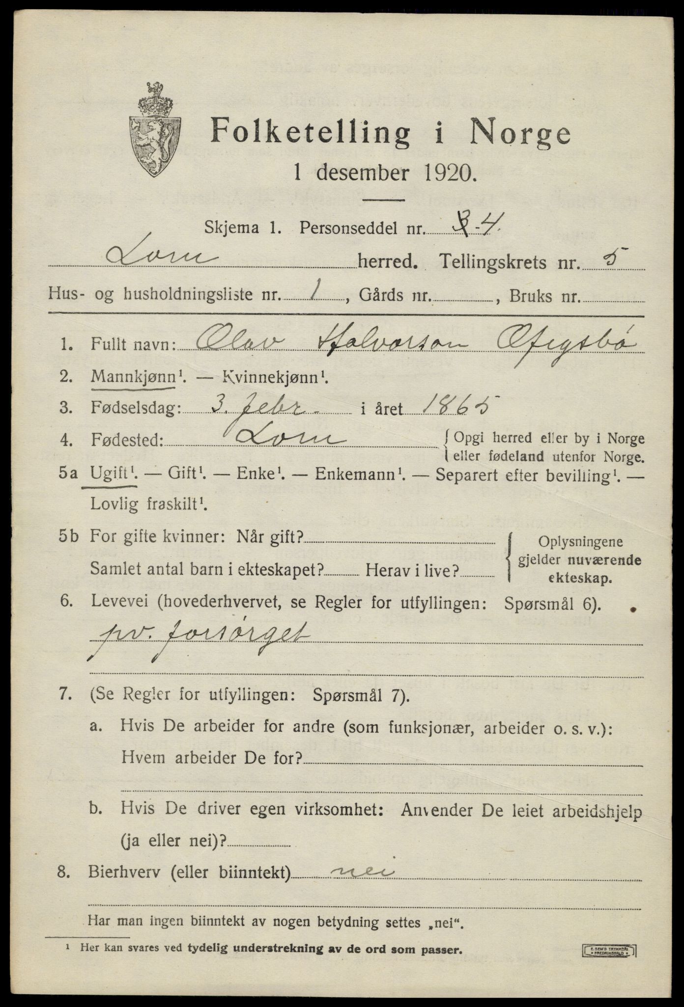 SAH, Folketelling 1920 for 0514 Lom herred, 1920, s. 3154