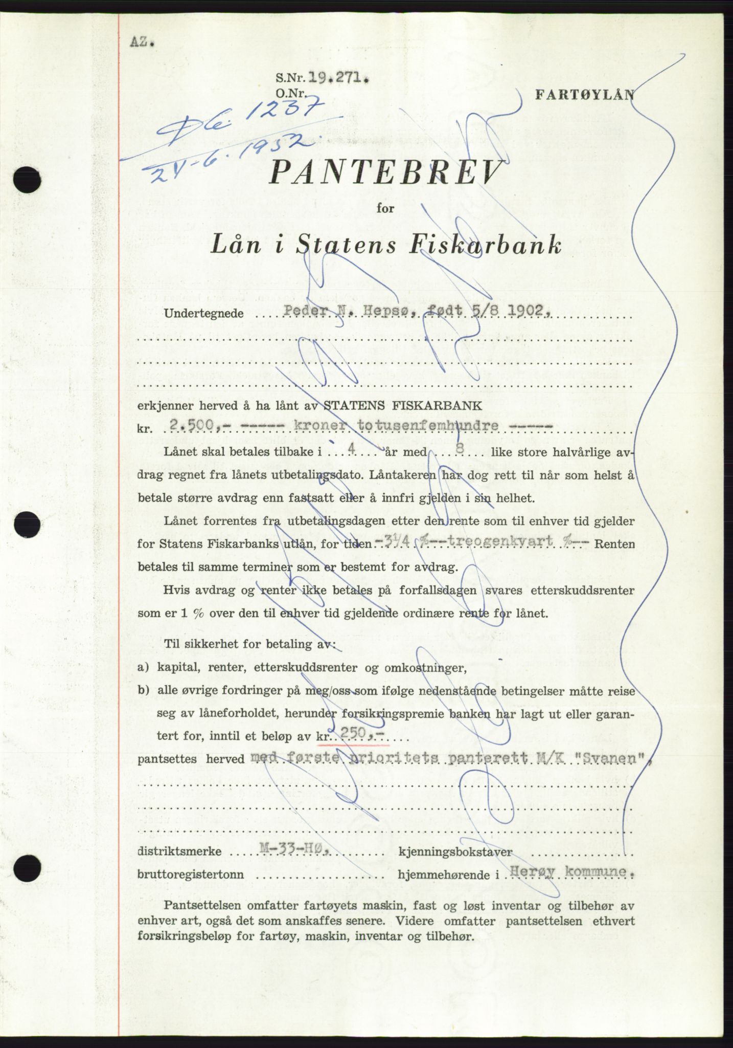 Søre Sunnmøre sorenskriveri, AV/SAT-A-4122/1/2/2C/L0121: Pantebok nr. 9B, 1951-1952, Dagboknr: 1237/1952