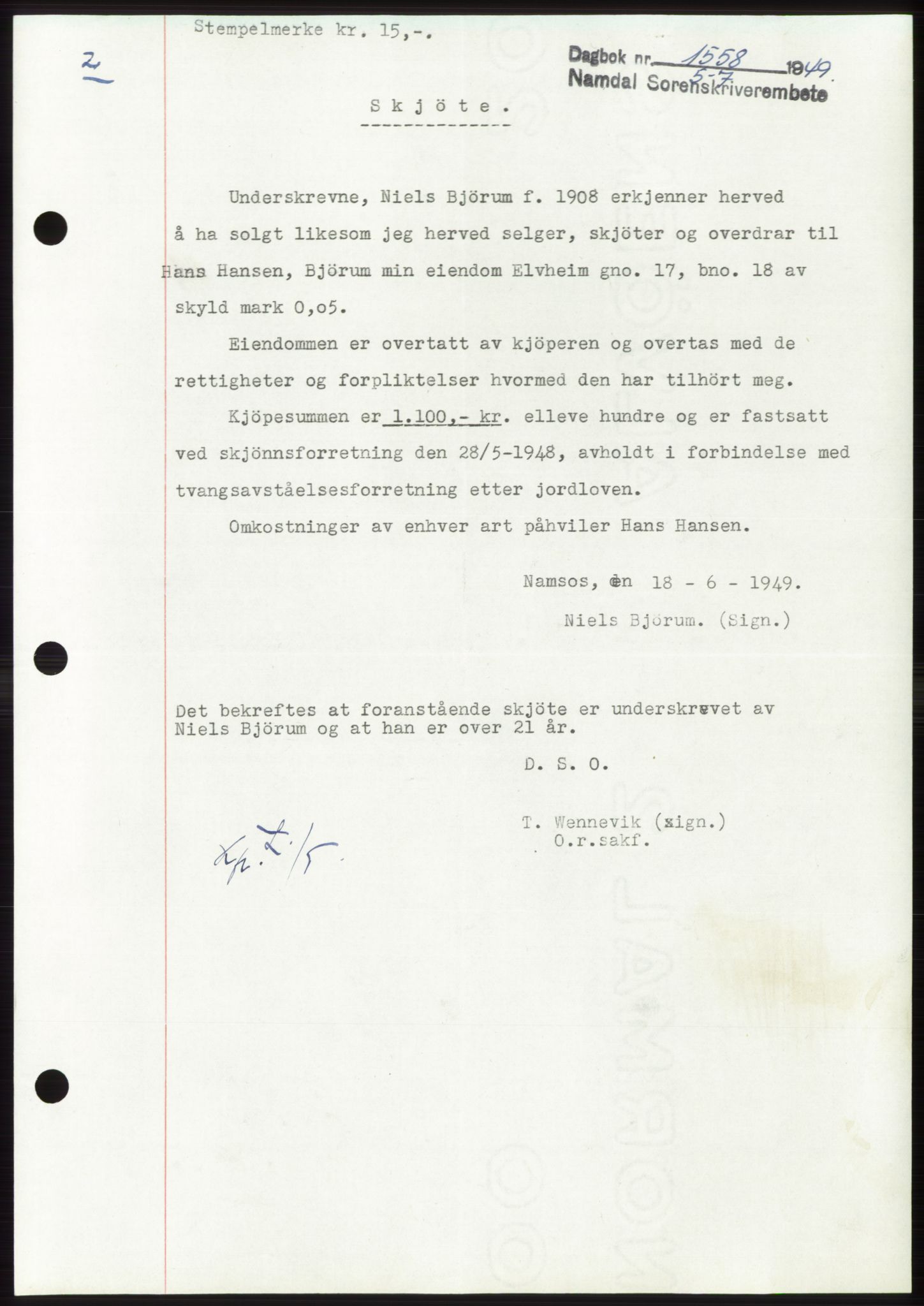 Namdal sorenskriveri, SAT/A-4133/1/2/2C: Pantebok nr. -, 1949-1949, Dagboknr: 1558/1949