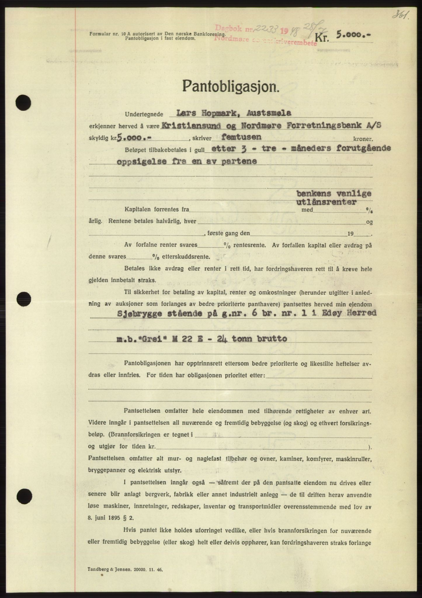 Nordmøre sorenskriveri, AV/SAT-A-4132/1/2/2Ca: Pantebok nr. B99, 1948-1948, Dagboknr: 2233/1948