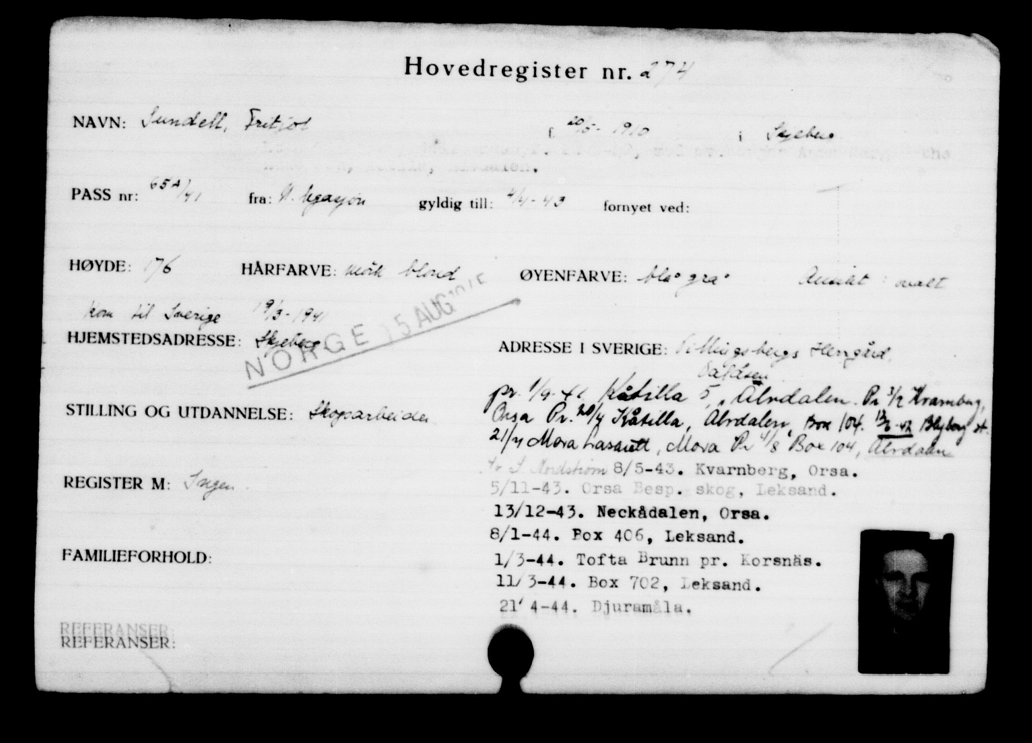 Utenriksstasjonene, Legasjonen i Stockholm, Flyktningkontoret, AV/RA-S-6753/V/Va/L0001: Kjesäterkartoteket, flyktninger med registreringsnr. 1-1000, 1940-1945, s. 436