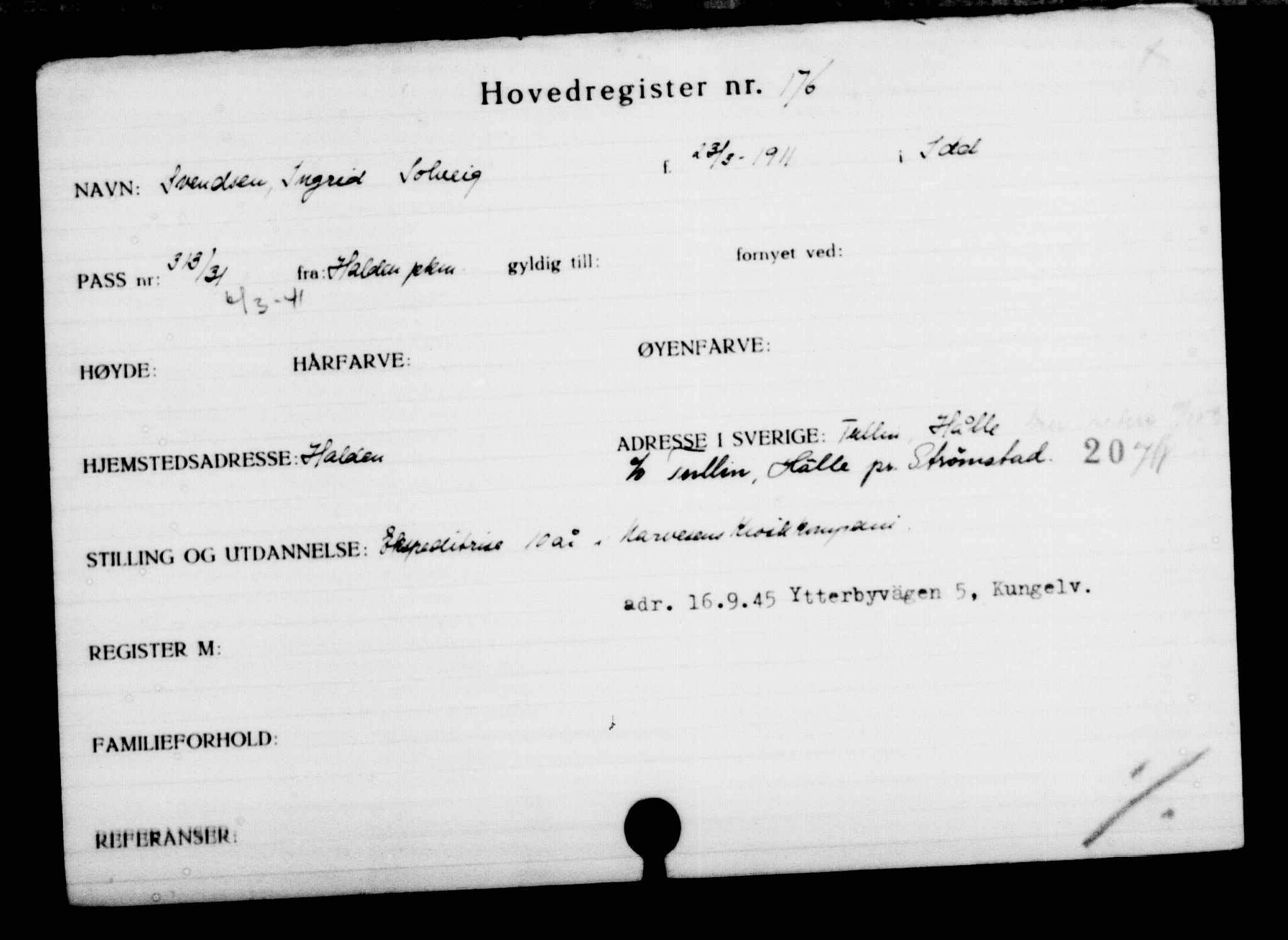 Utenriksstasjonene, Legasjonen i Stockholm, Flyktningkontoret, AV/RA-S-6753/V/Va/L0001: Kjesäterkartoteket, flyktninger med registreringsnr. 1-1000, 1940-1945, s. 285