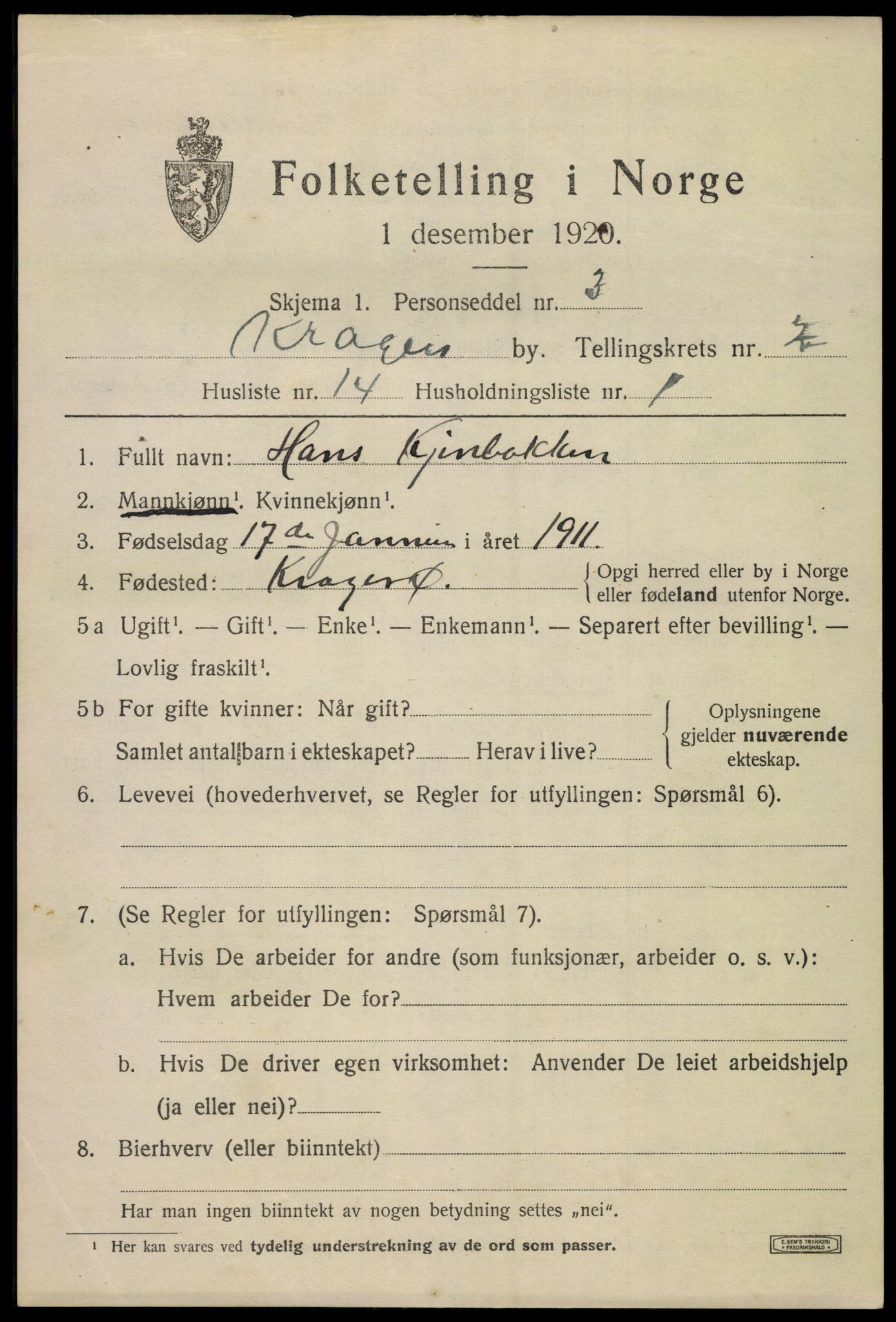 SAKO, Folketelling 1920 for 0801 Kragerø kjøpstad, 1920, s. 5485