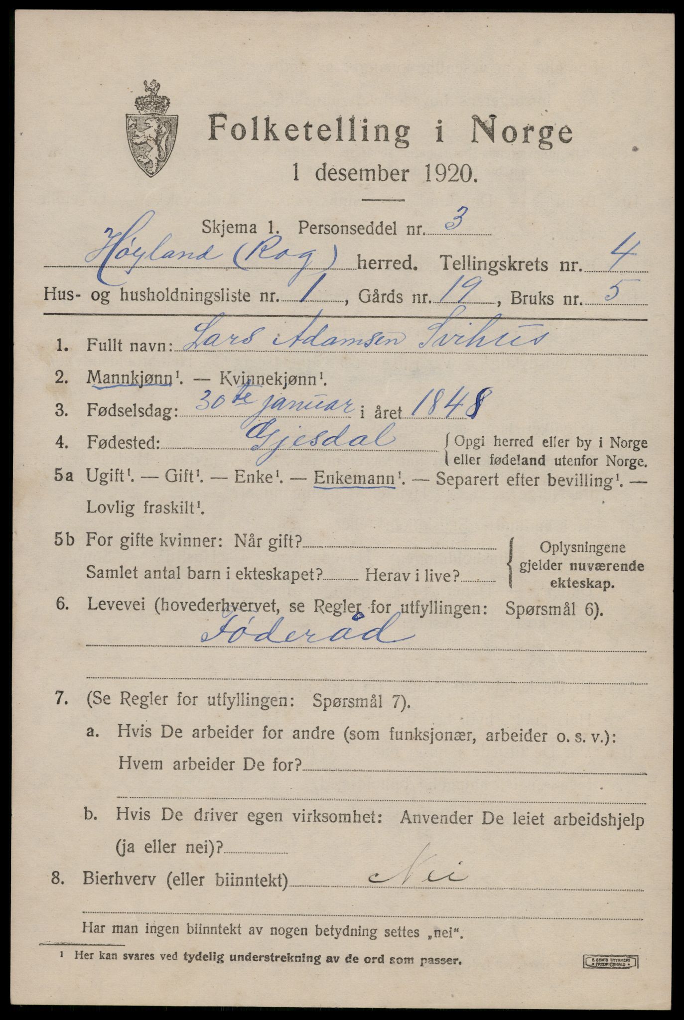 SAST, Folketelling 1920 for 1123 Høyland herred, 1920, s. 3418