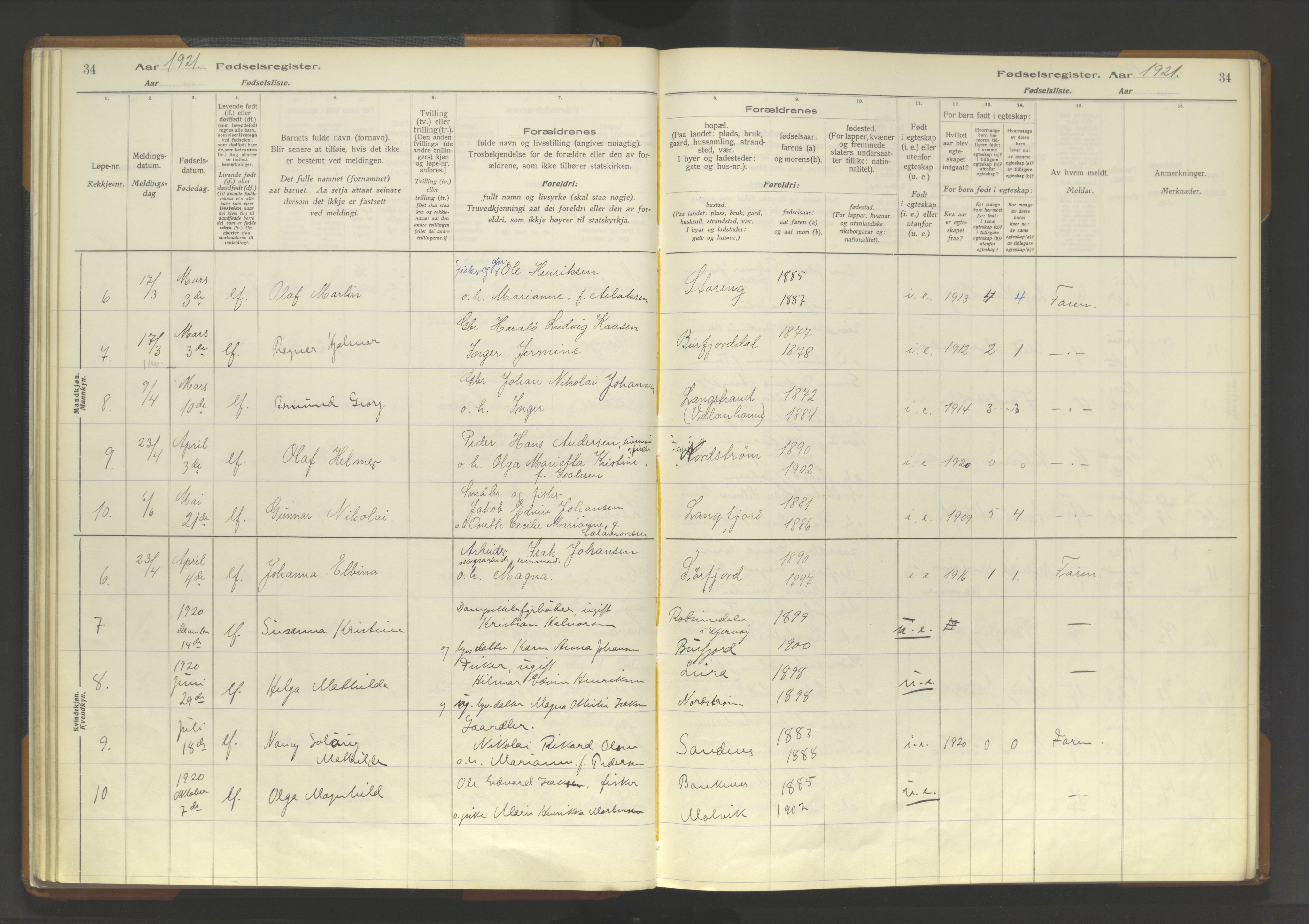 Skjervøy sokneprestkontor, SATØ/S-1300/I/Ia/L0062: Fødselsregister nr. 62, 1916-1950, s. 34