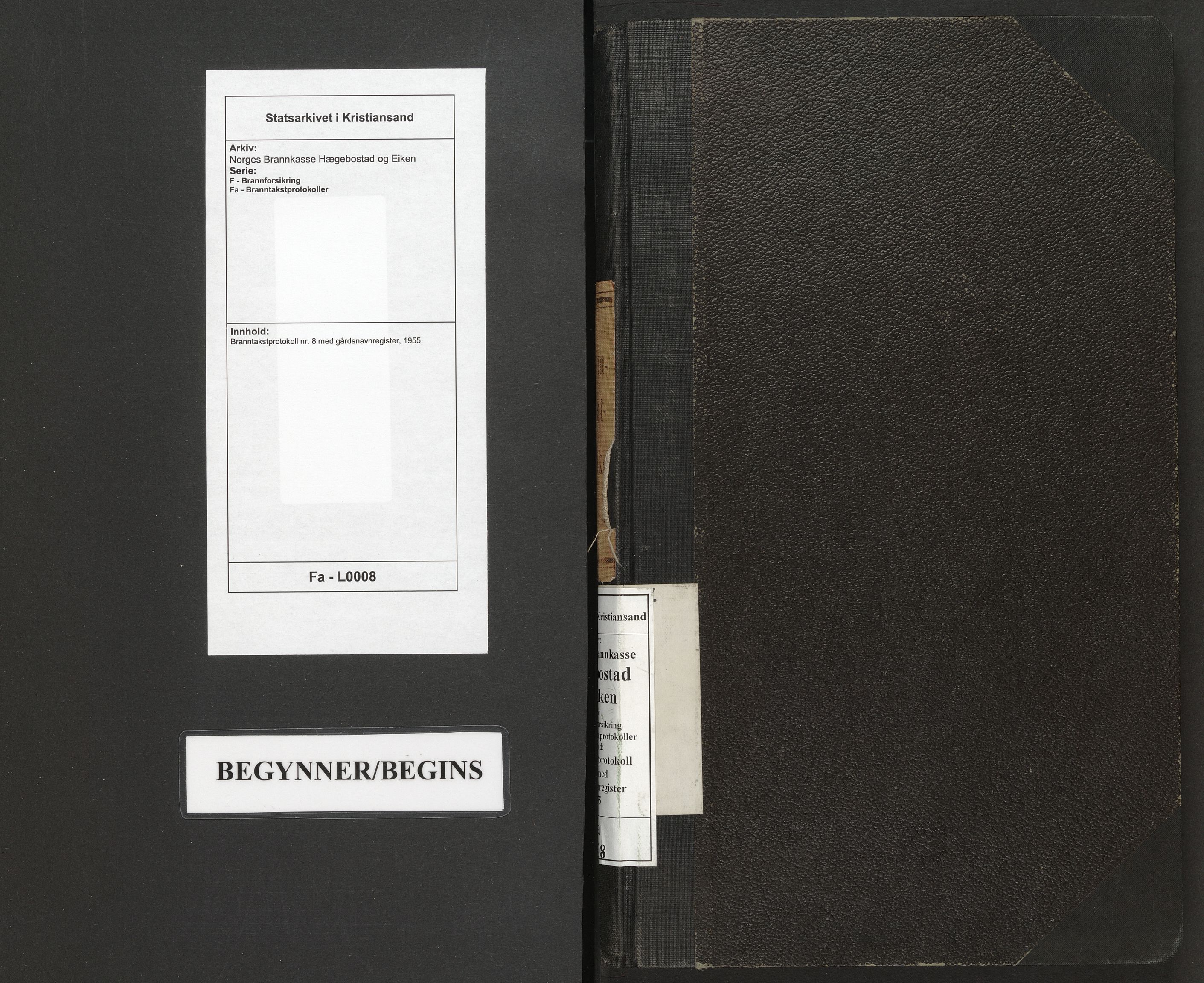 Norges Brannkasse Hægebostad og Eiken, SAK/2241-0027/F/Fa/L0008: Branntakstprotokoll nr. 8 med gårdsnavnregister, 1955