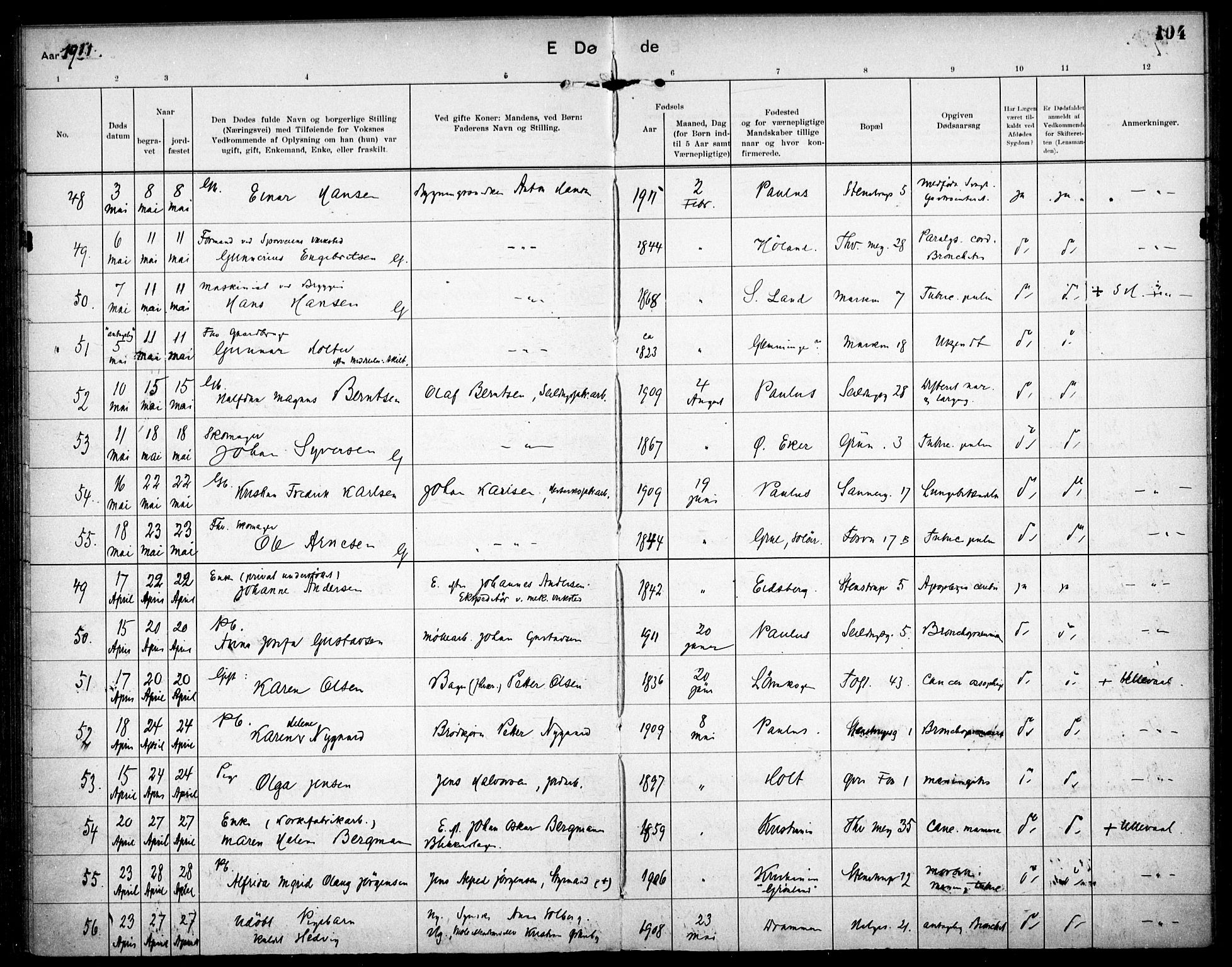 Paulus prestekontor Kirkebøker, AV/SAO-A-10871/F/Fa/L0018: Ministerialbok nr. 18, 1906-1915, s. 104
