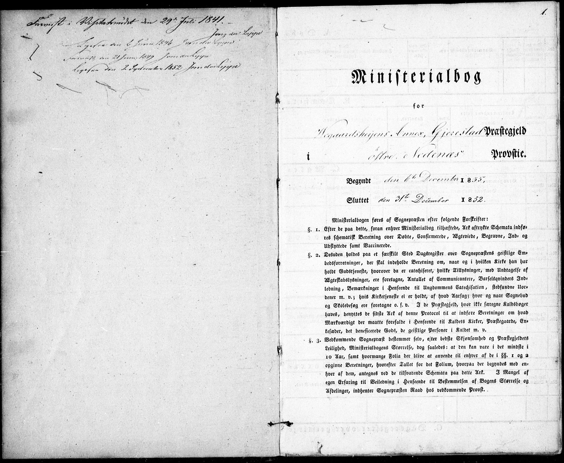 Gjerstad sokneprestkontor, SAK/1111-0014/F/Fa/Fab/L0002: Ministerialbok nr. A 2, 1835-1852, s. 1