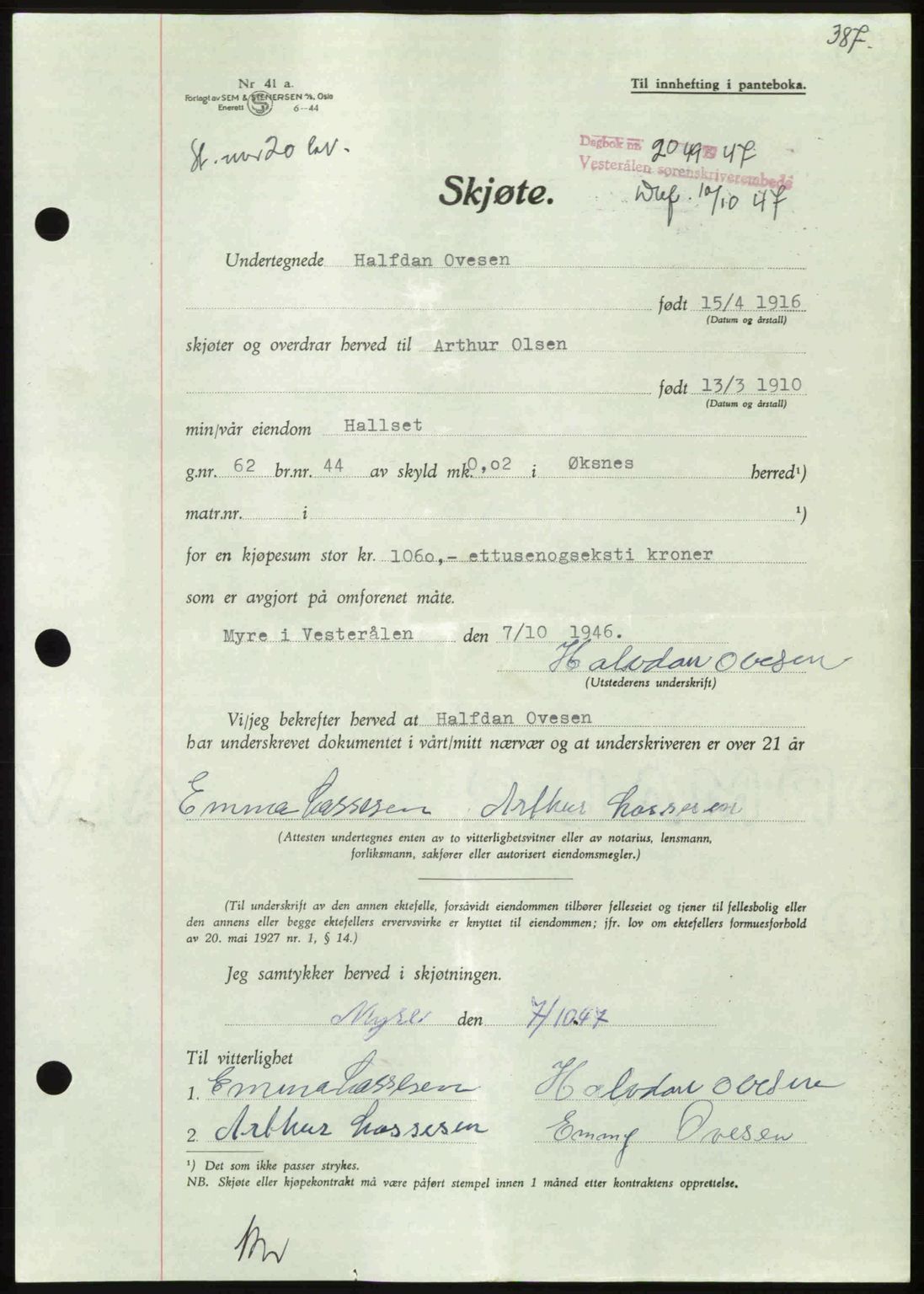 Vesterålen sorenskriveri, SAT/A-4180/1/2/2Ca: Pantebok nr. A21, 1947-1947, Dagboknr: 2049/1947