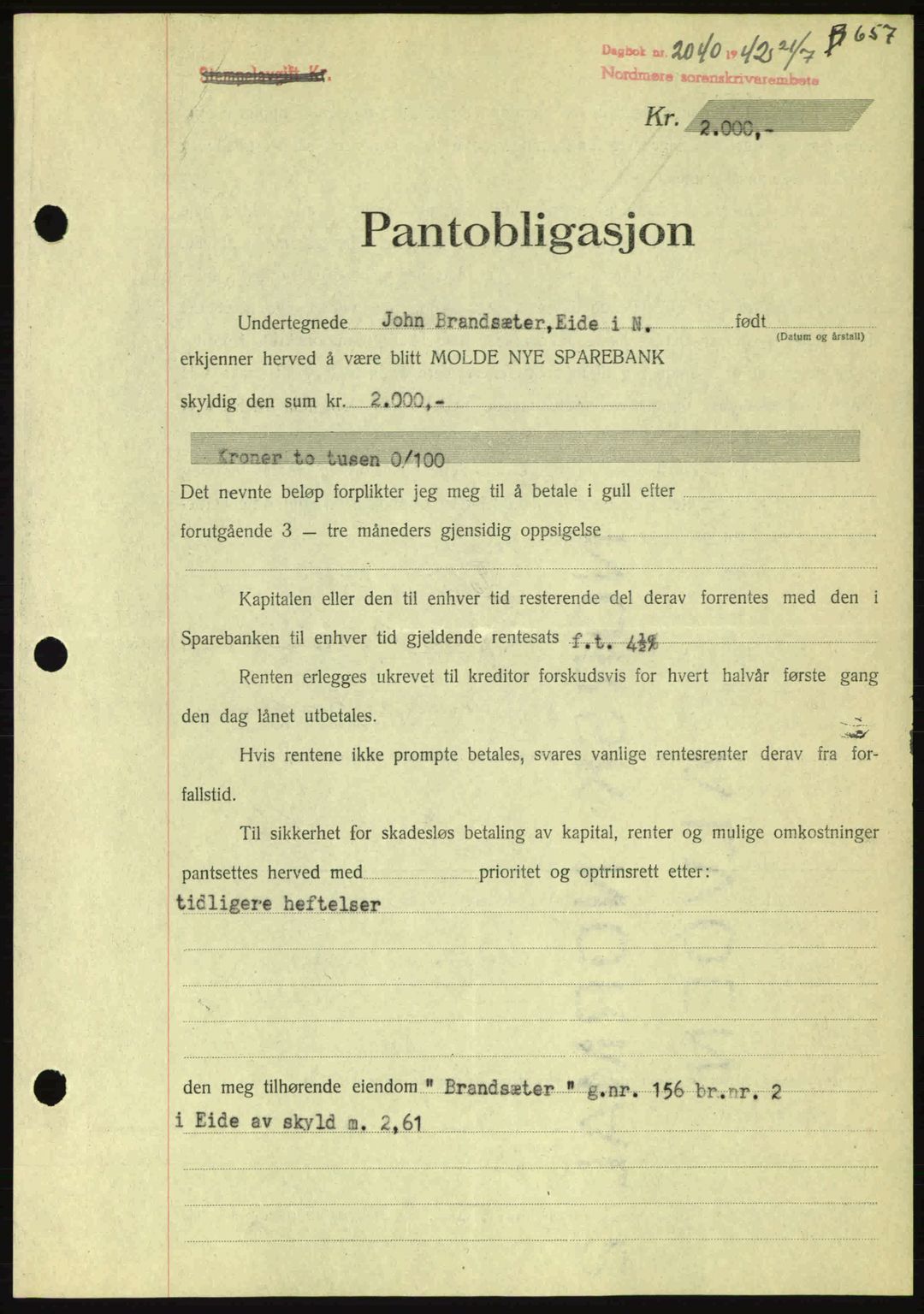 Nordmøre sorenskriveri, AV/SAT-A-4132/1/2/2Ca: Pantebok nr. B89, 1942-1942, Dagboknr: 2040/1942