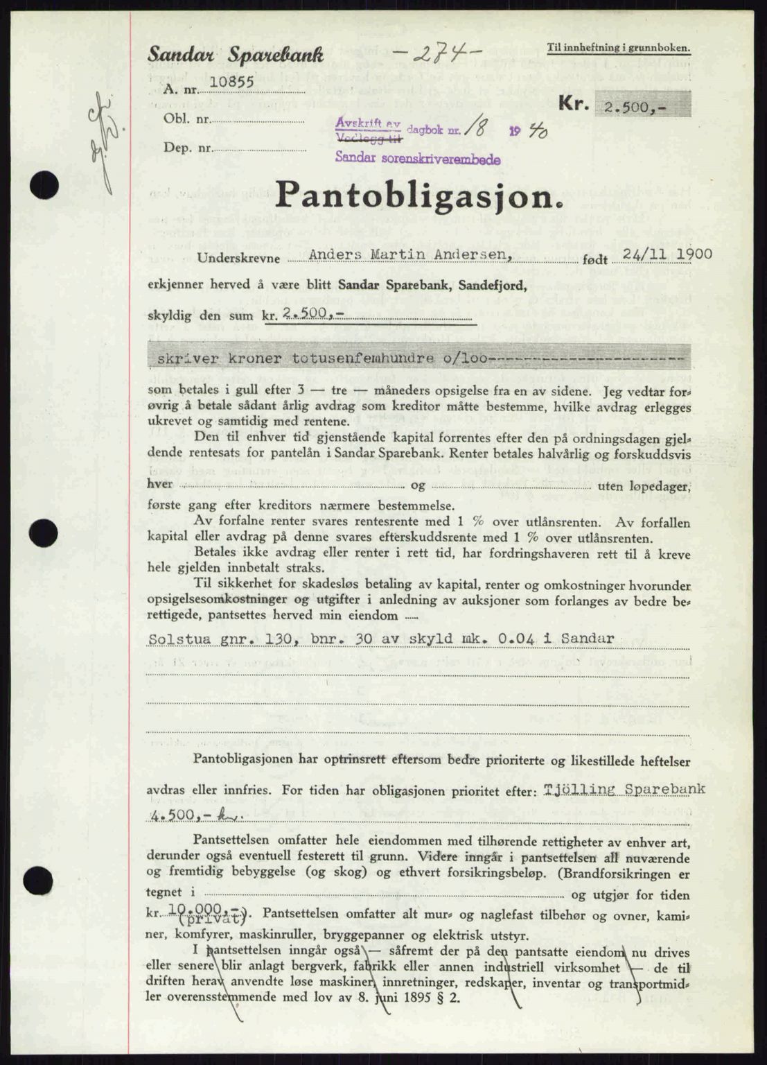Sandar sorenskriveri, SAKO/A-86/G/Ga/Gab/L0001: Pantebok nr. B-1 og B-3 - B-9, 1936-1944, Dagboknr: 18/1940