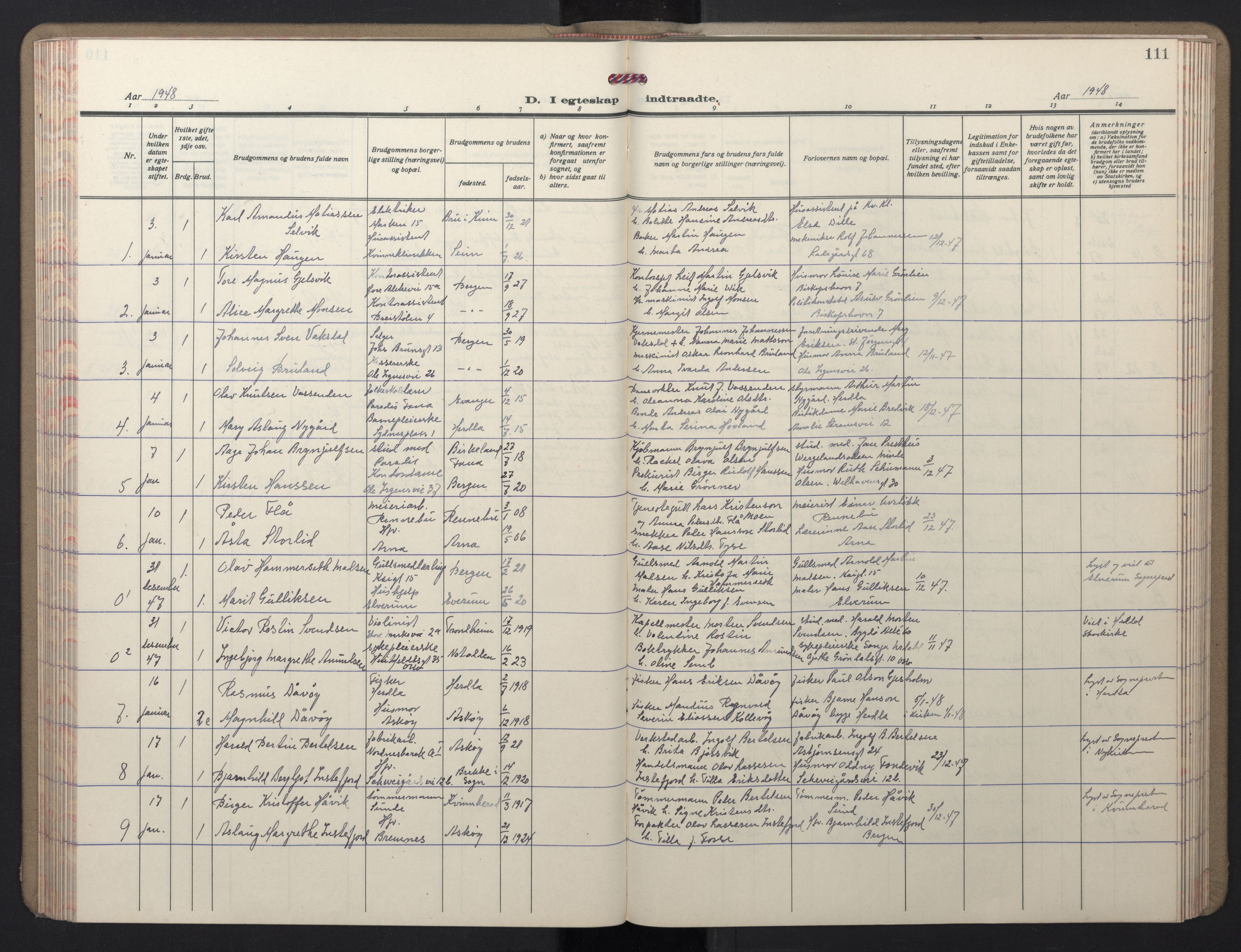 Domkirken sokneprestembete, AV/SAB-A-74801/H/Hab/L0035: Klokkerbok nr. D 7, 1941-1953, s. 111