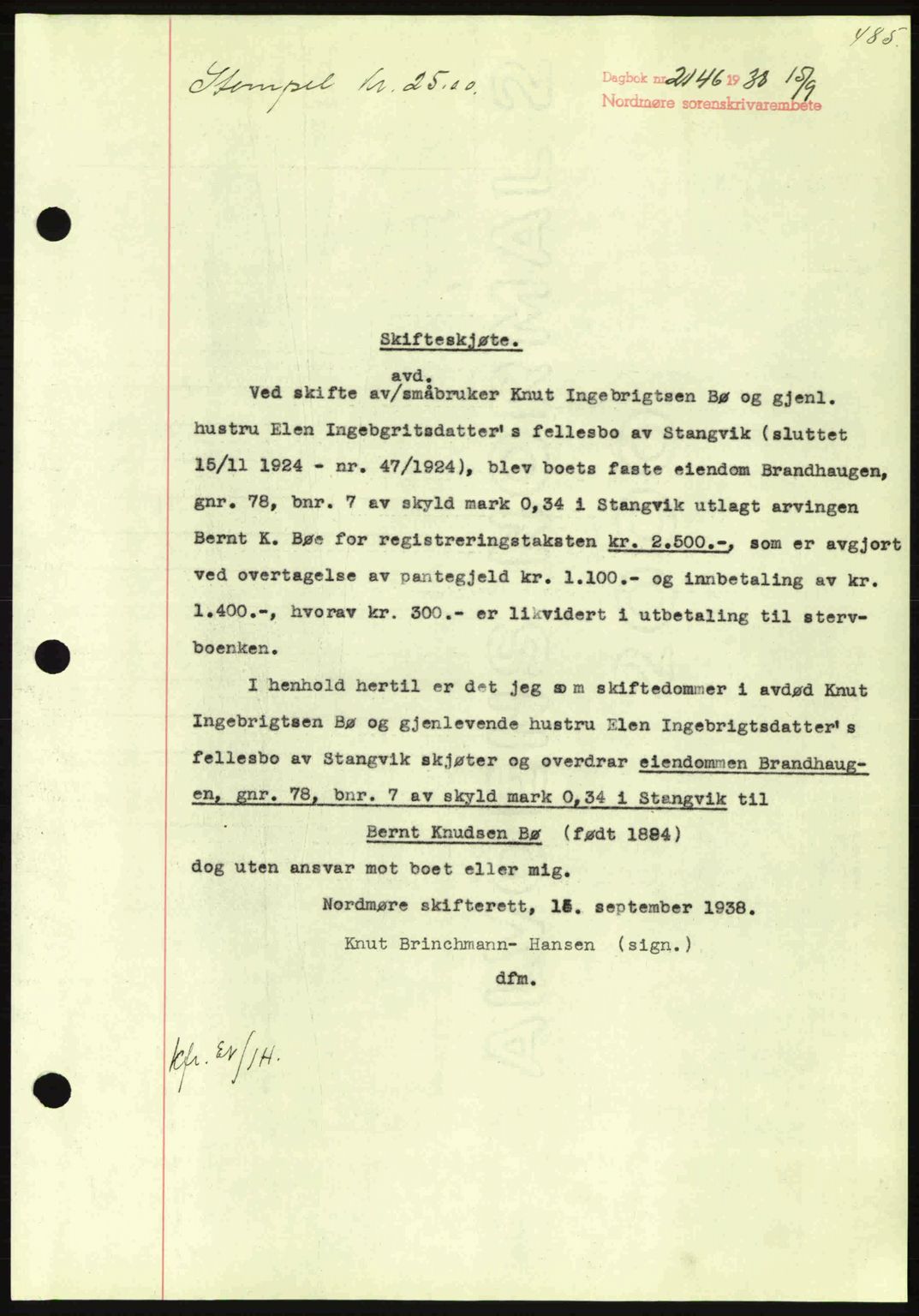 Nordmøre sorenskriveri, SAT/A-4132/1/2/2Ca: Pantebok nr. A84, 1938-1938, Dagboknr: 2146/1938