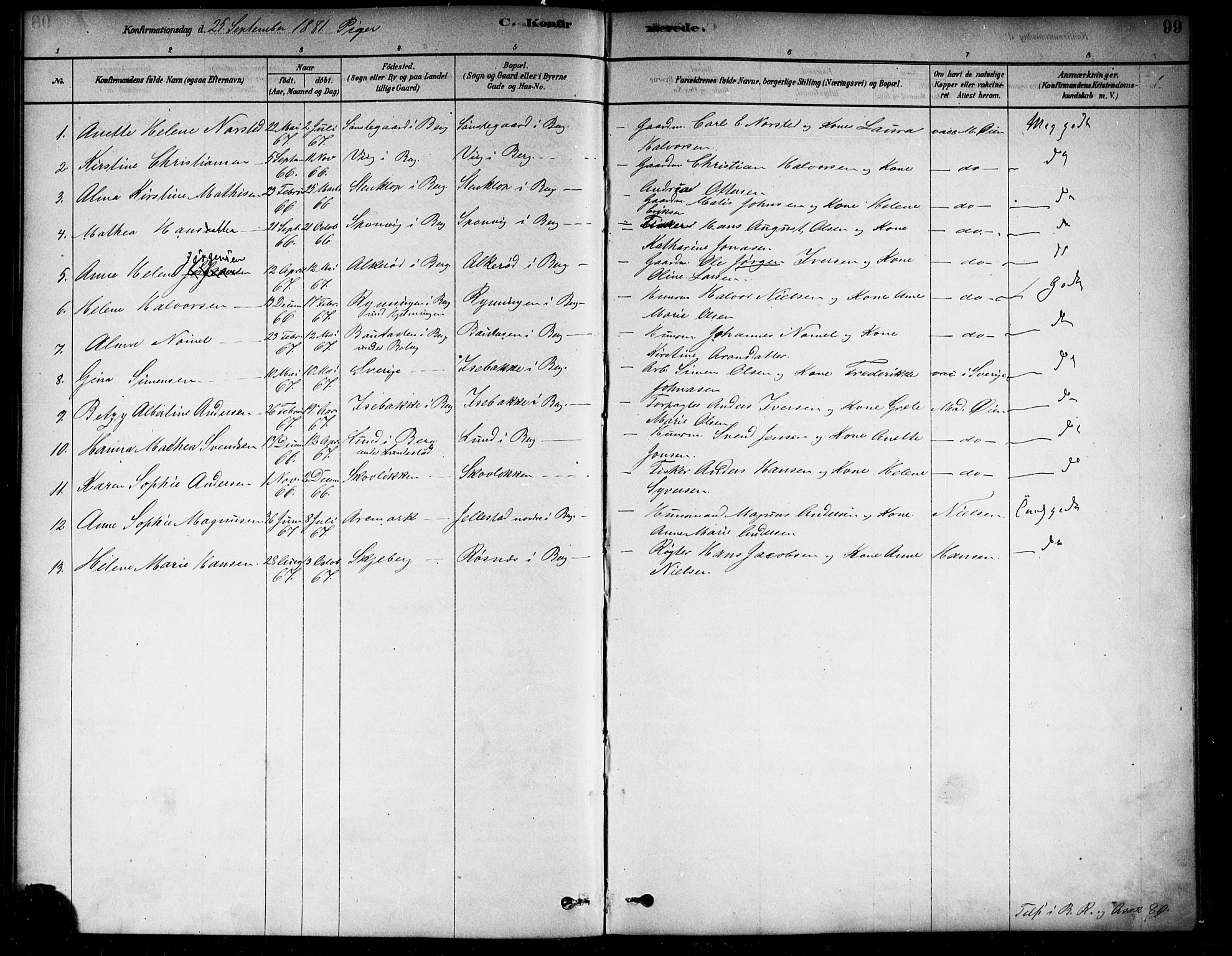 Berg prestekontor Kirkebøker, AV/SAO-A-10902/F/Fa/L0006: Ministerialbok nr. I 6, 1878-1887, s. 99